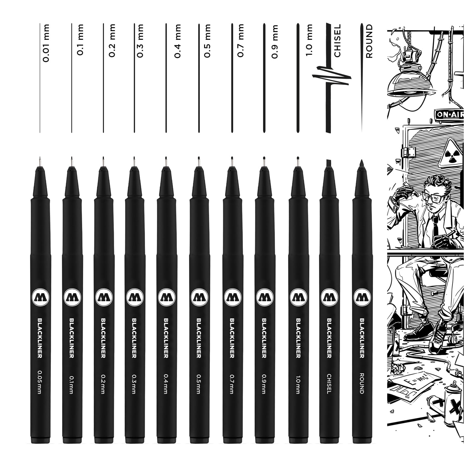 Molotow Blackliner Pen Complete Set - 11 Premium Markers for Artists & Designers | Ideal for Sketching, Calligraphy & Graffiti (200.485)