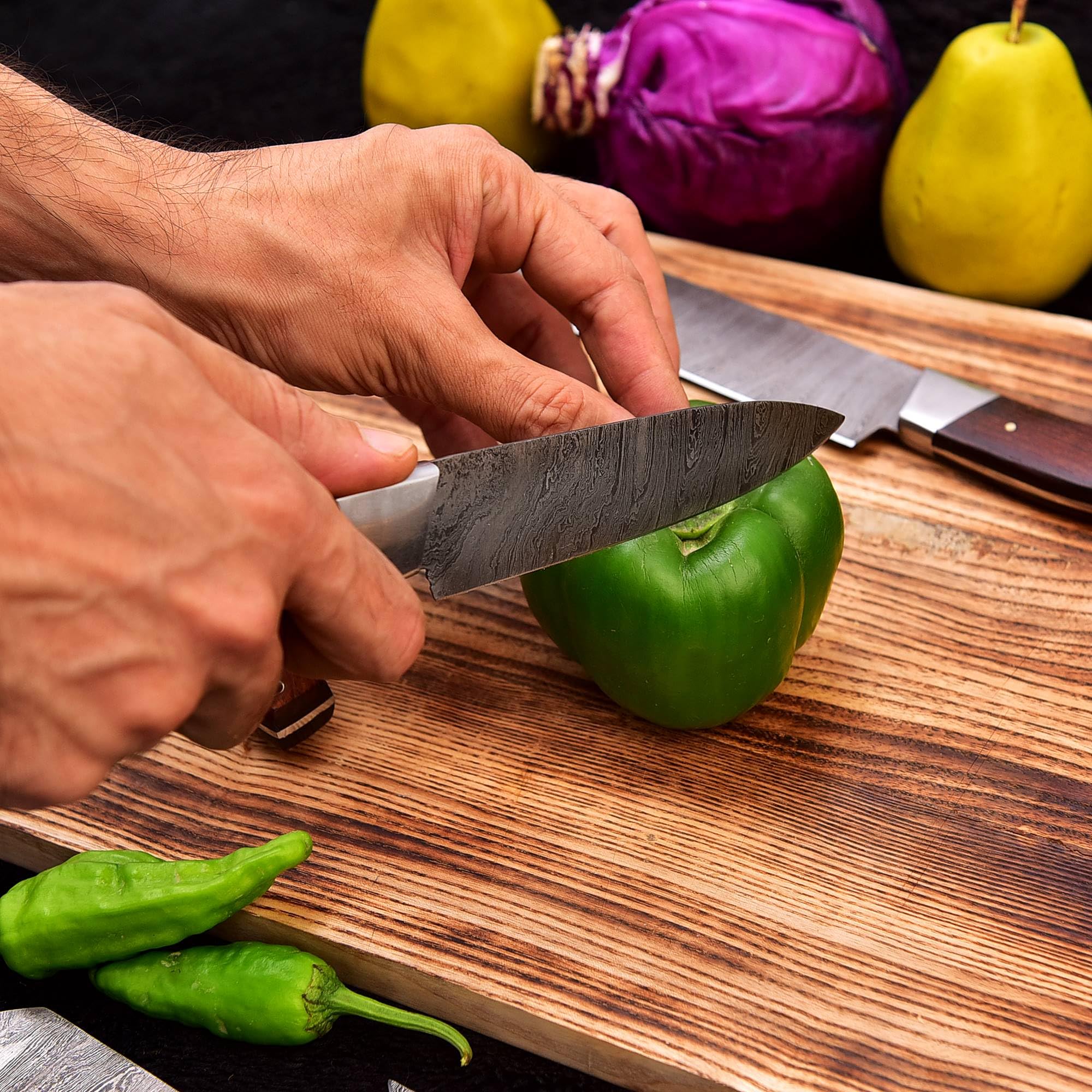 Premium Damascus Steel 6-Piece Professional Kitchen Knife Set with Leather Roll - Handcrafted Utility Knives for Chefs & Home Cooking (Brown) - Perfect for Slicing, Dicing & Food Prep