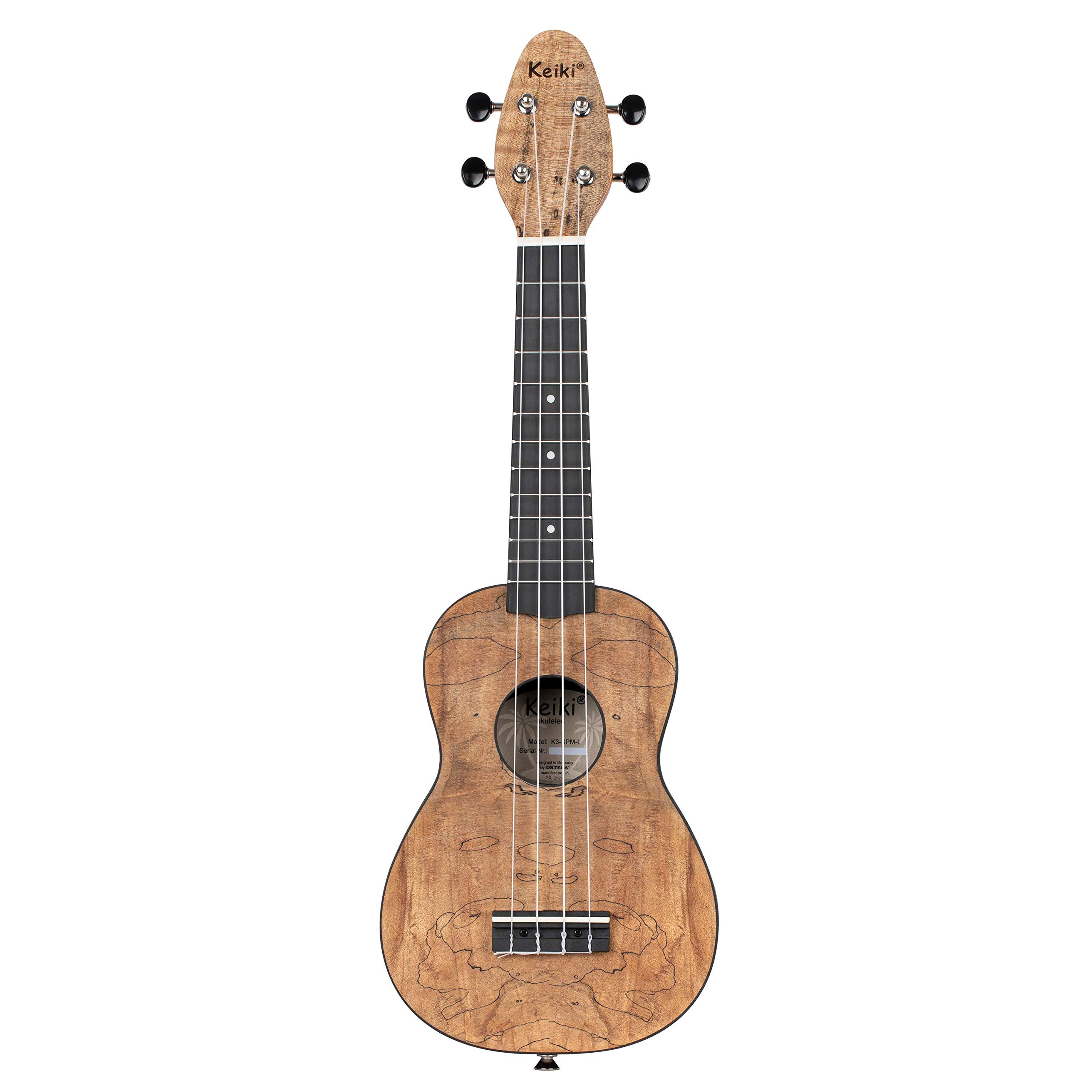 Ortega K3-SPM-L 4-String Keiki Exotic Wood Series Soprano Left-Handed Ukulele with Tuner, Picks, Strap & Tote Bag - Spalted Maple Finish | Perfect for Beginners, Travel & Hawaiian Music Performances