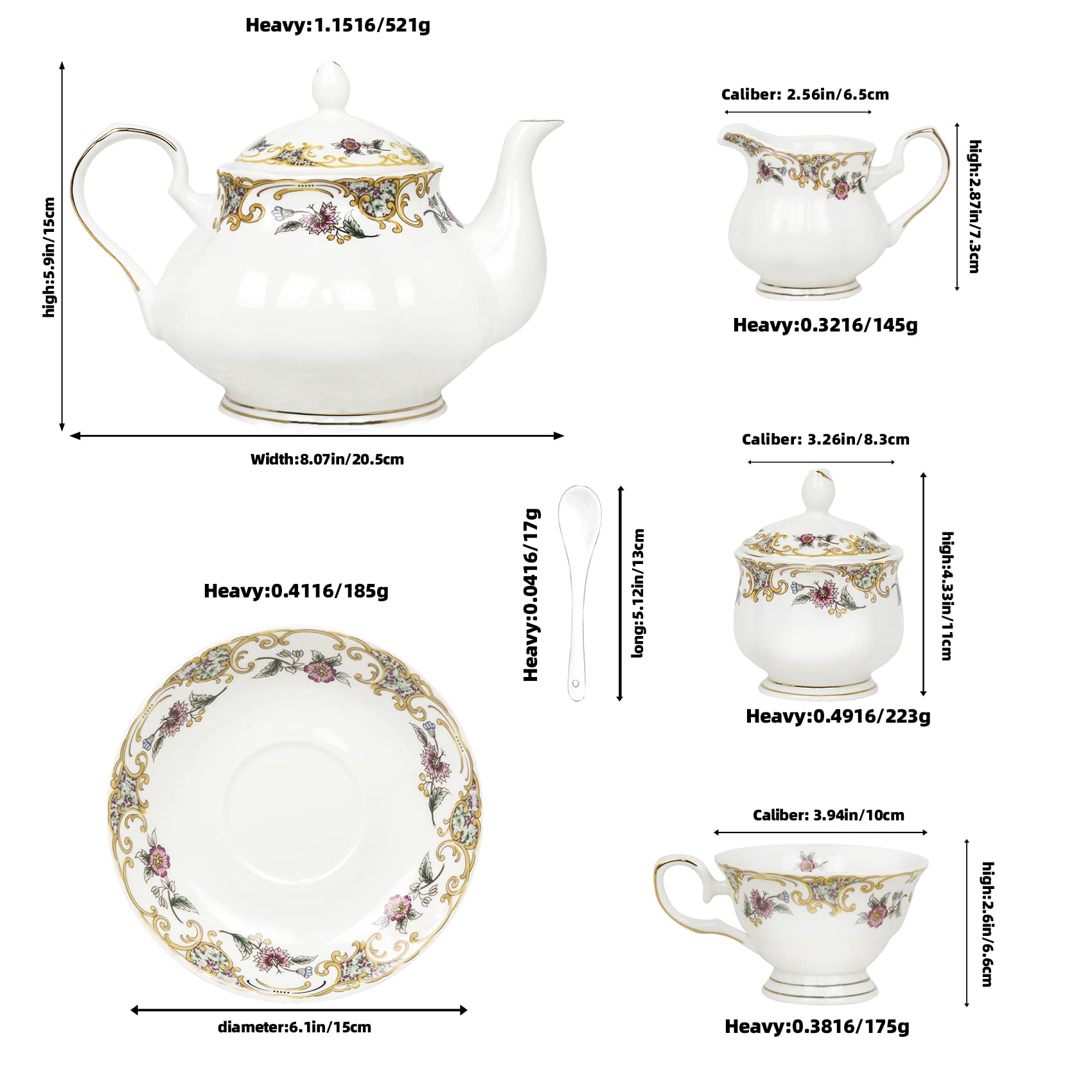 Premium 21-Piece Bone China Tea Set - Elegant White Floral Porcelain Tea Cups, Teapot, Sugar Bowl & Creamer Pitcher - English Tea Party Set for Adults & Women - Perfect for Afternoon Tea, Bridal Showers & Gift Giving