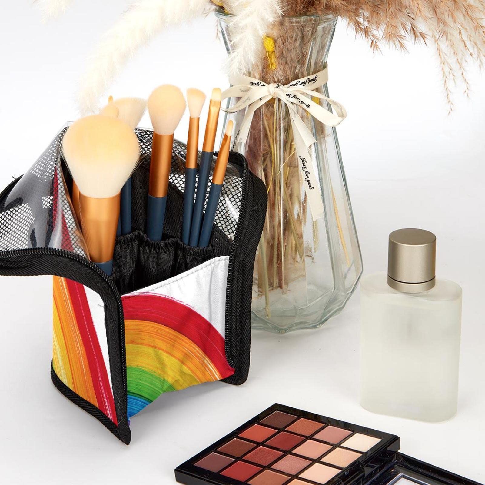 12-Piece Watercolor Rainbow Makeup Brush Set with Organizer Bag - Portable Travel Cosmetic Brush Holder for Professional & Home Makeup Application