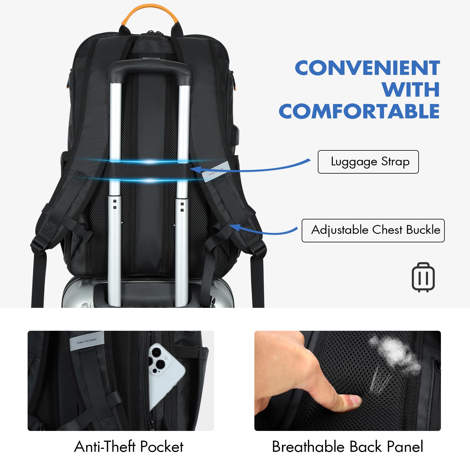 30L Business Backpack for Men - Airplane Approved USB Charging Travel Backpack with Water-Resistant 900D Nylon, Fits 17.3 Inch Laptop - Ergonomic Computer Bag for Office, Commuting & Business Travel (Black)