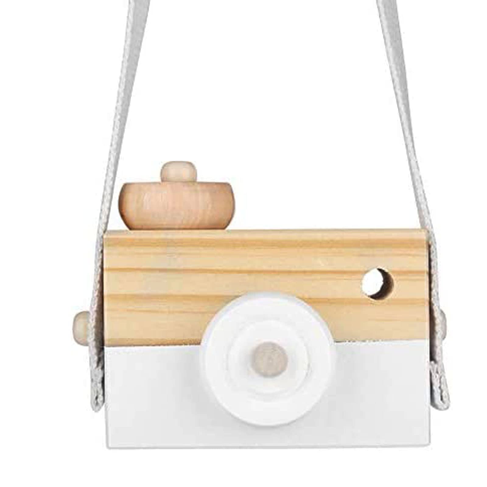Wooden Mini Camera Toy for Kids - White Hanging Decorative Baby Camera Prop with Rope - Cute Wooden Camera for Nursery, Kids Room & Photography Play - 3.5x1.4x2.9 Inches (Pack of 1) - Perfect for Baby Showers, Birthday Gifts & Room Decor