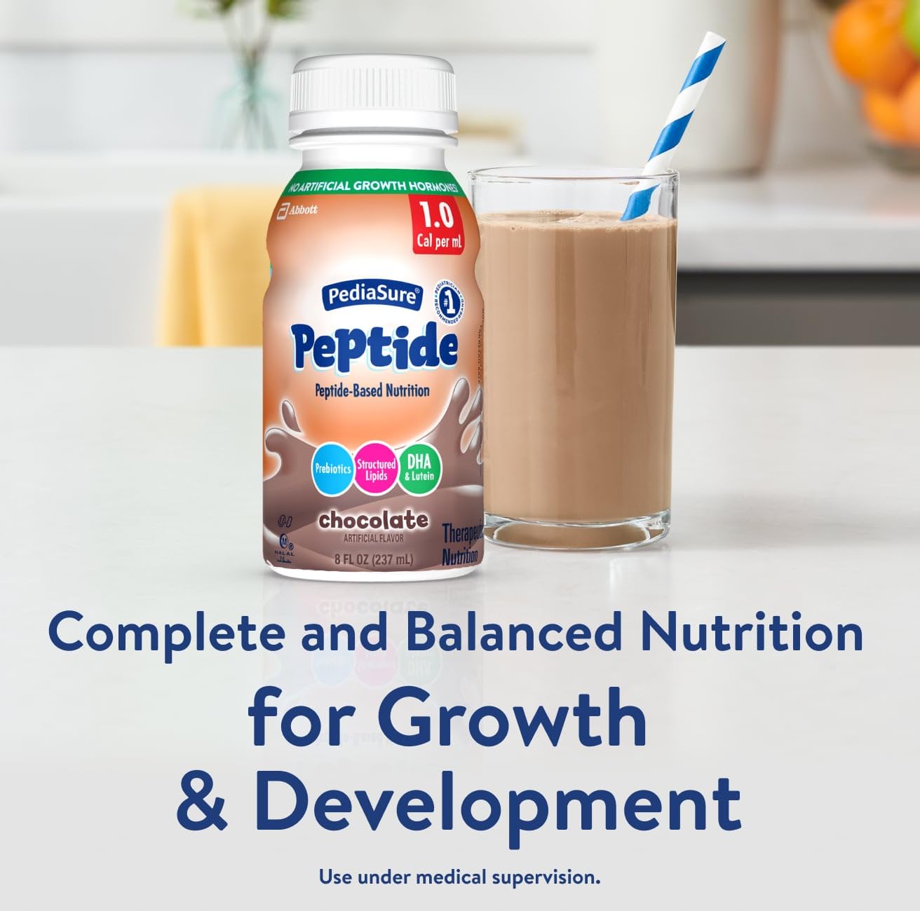 PediaSure Peptide 1.0 Cal Chocolate Nutrition Shake - 24 Pack (8 fl oz Bottles) | Complete Balanced Peptide-Based Formula for Kids with GI Conditions | 7g Protein & Prebiotics | Supports Oral or Tube Feeding | Ideal for School Lunches, Travel & Pediatric Nutrition