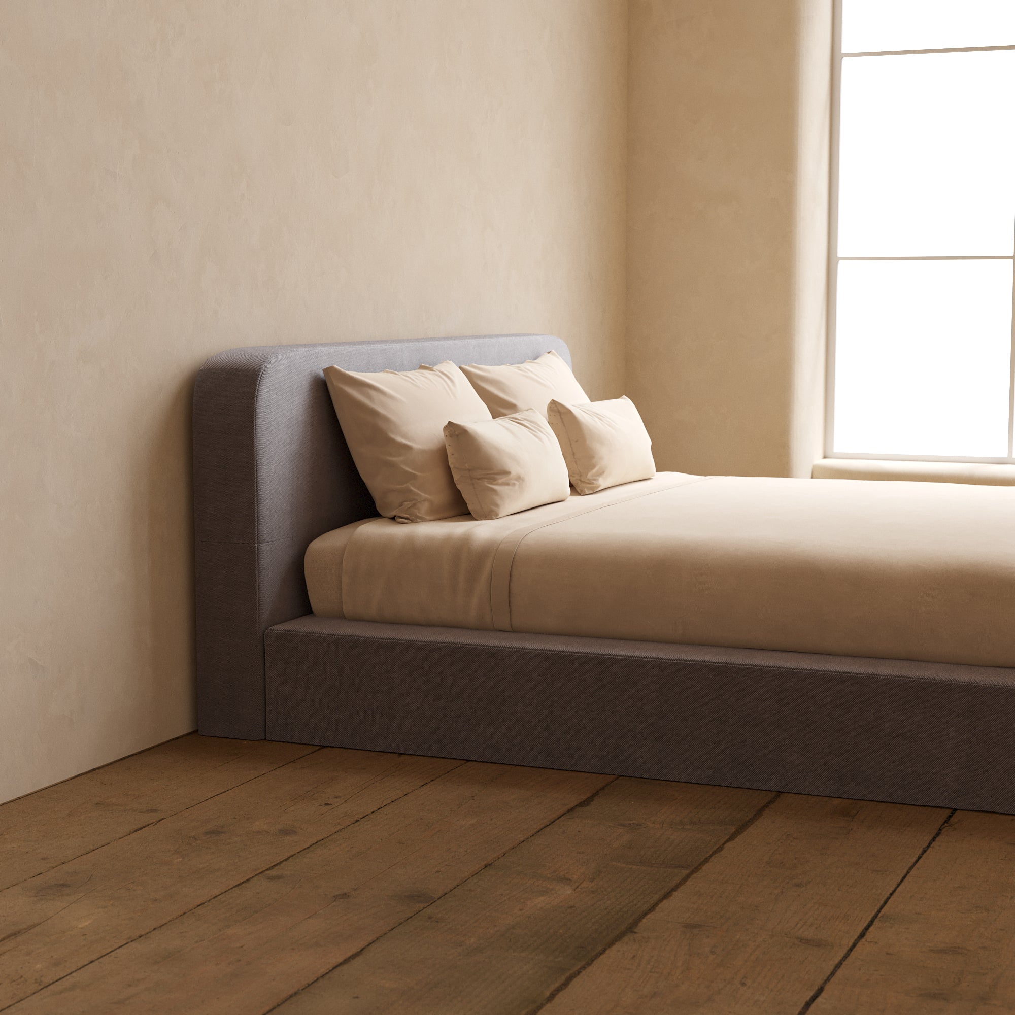 King Upholstered Platform Bed with Headboard - Plush Weave in Ash | Modern Bedroom Furniture for Master Bedroom, Guest Room & Apartment