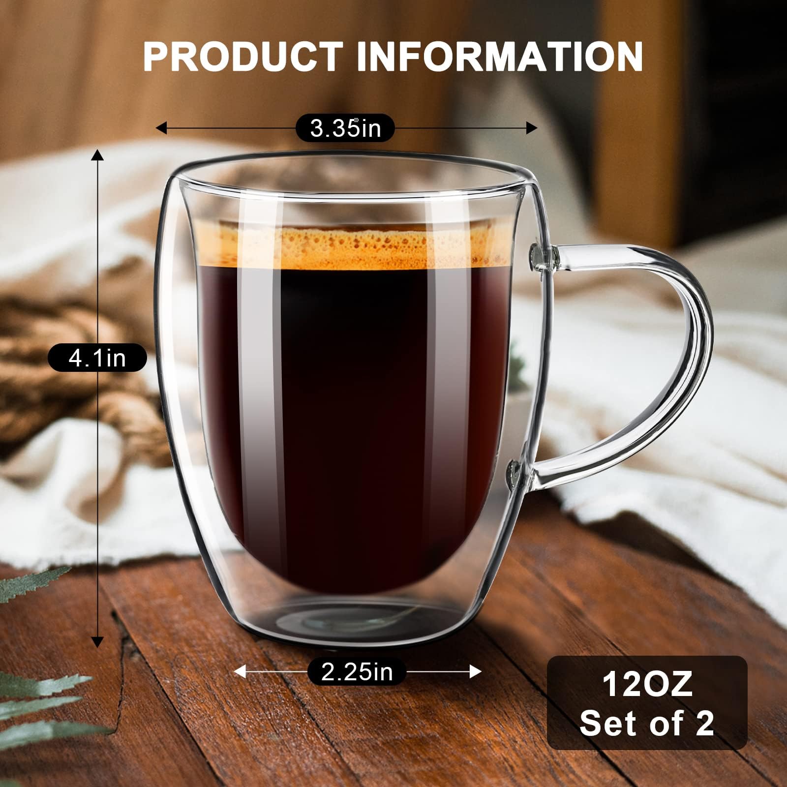 PARACITY Double Wall Insulated Coffee Mugs Set of 2 - 12oz Borosilicate Glass Cups with Handle for Hot & Cold Drinks - Perfect for Cappuccino, Latte, Tea - Ideal for Home, Office, Camping & Travel Use