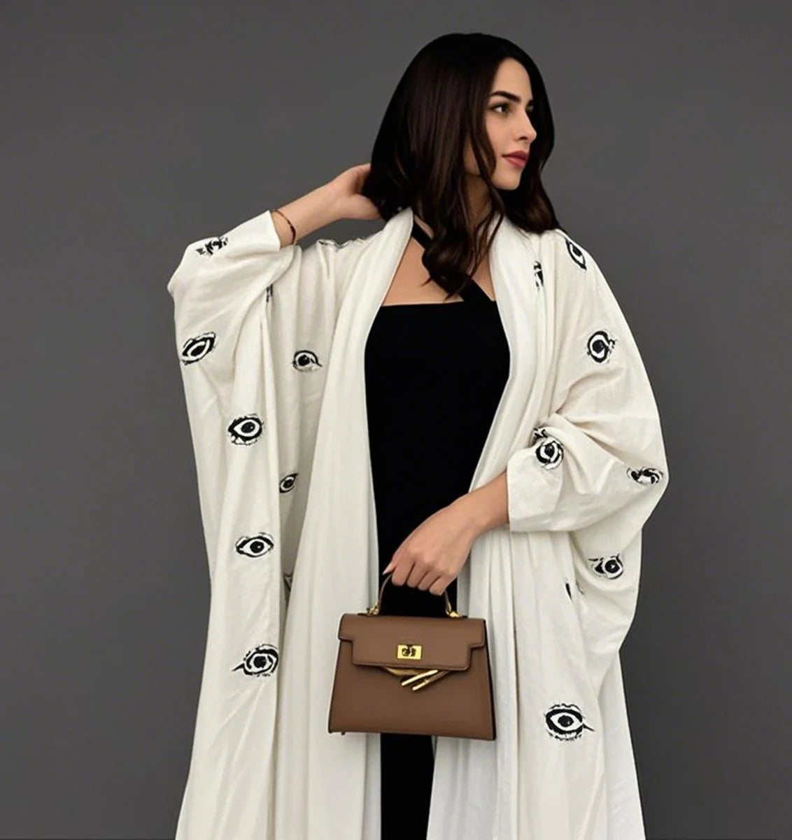 Evil Eye Embroidered Cardigan Open Abaya Dress for Women - Boho Chic Muslim Kaftan Cover Up for Beach, Prayer & Special Occasions #25173