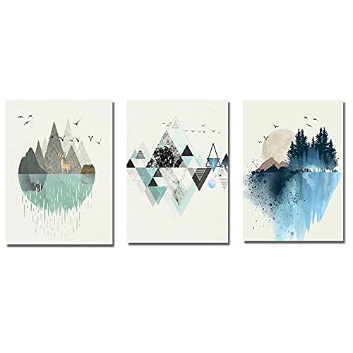 Abstract Canvas Wall Art 3 Panel - Modern Nordic Mountain & Trees Painting for Living Room Decor - 16x20 Inch Frameless Wall Hanging - Perfect for Home, Office & Bedroom Interior Design
