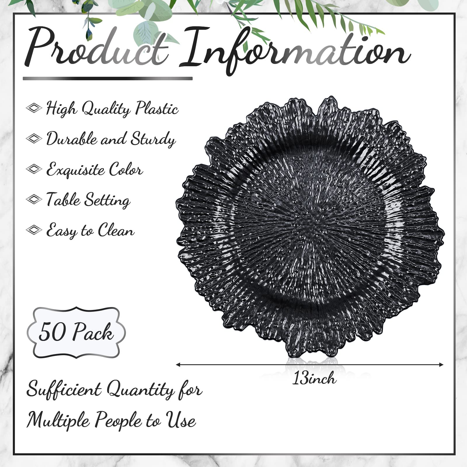 50 Pcs 13 Inch Black Plastic Wedding Charger Plates with Floral Reef Design - Decorative Round Ruffled Rim Dinner Plates for Wedding, Party, Event Table Setting - Elegant Tableware for Bridal Showers, Banquets & Formal Dining Decorations