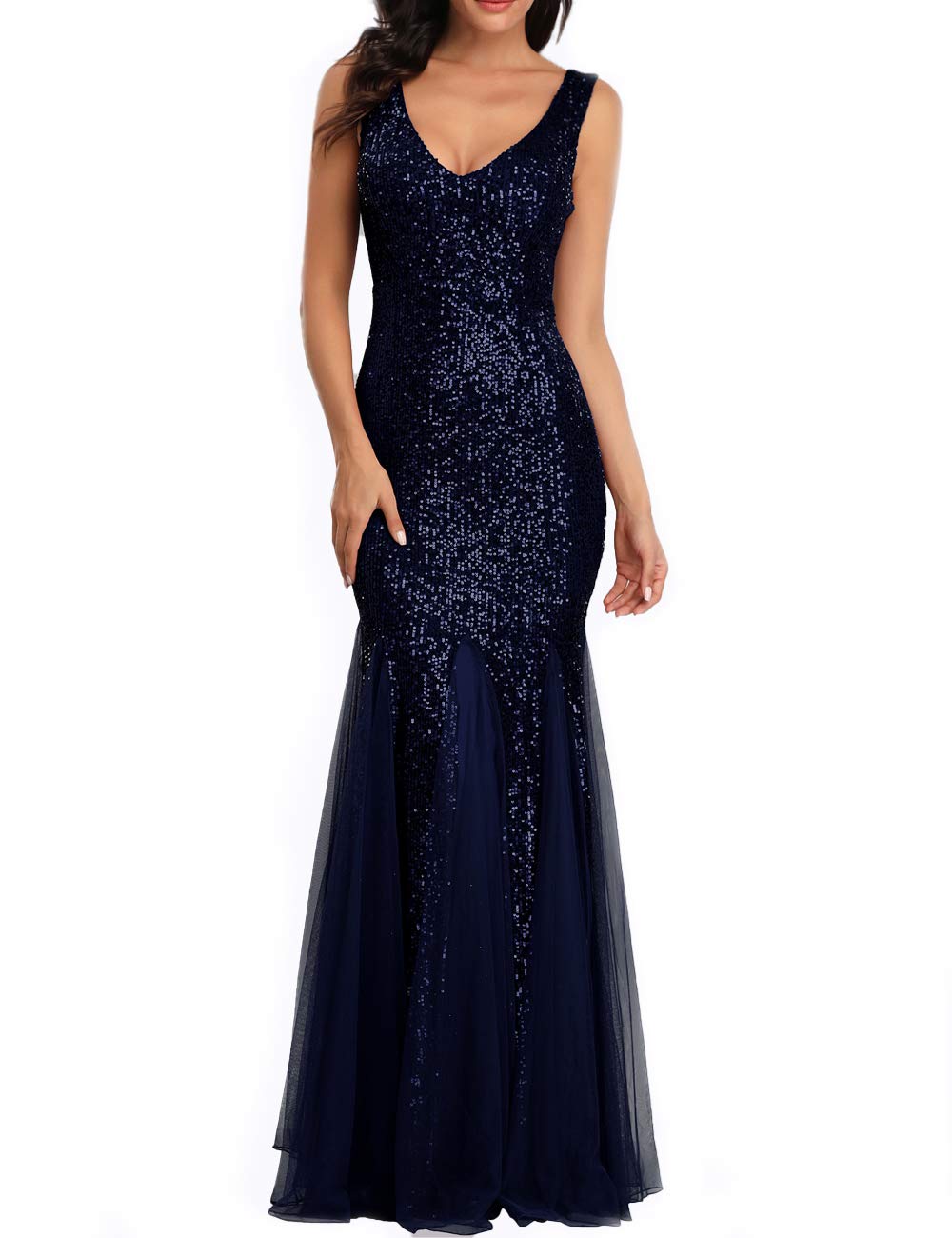 Sparkly Sequin Tulle Women's Party Dress - Sexy V-Neck Long Formal Evening Gown for Prom, Cocktail, Wedding Guest & Special Occasions