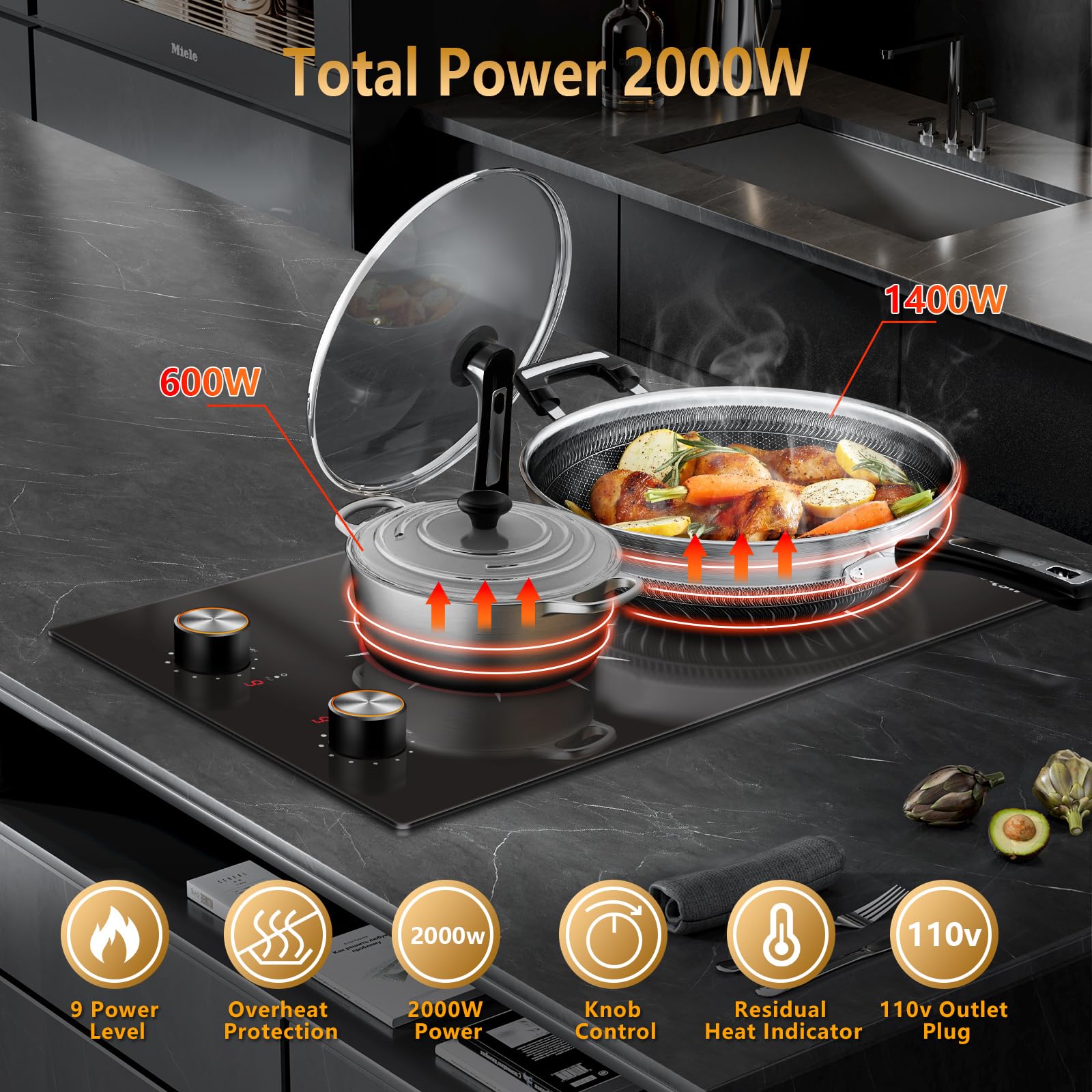 2 Burner Electric Cooktop - 12 Inch Built-in & Countertop Stove Top with Knob Control, 9 Power Levels, Overheat Protection - 2000W, 110-120V Plug-in - Perfect for Small Kitchens, Apartments, RVs & Outdoor Cooking