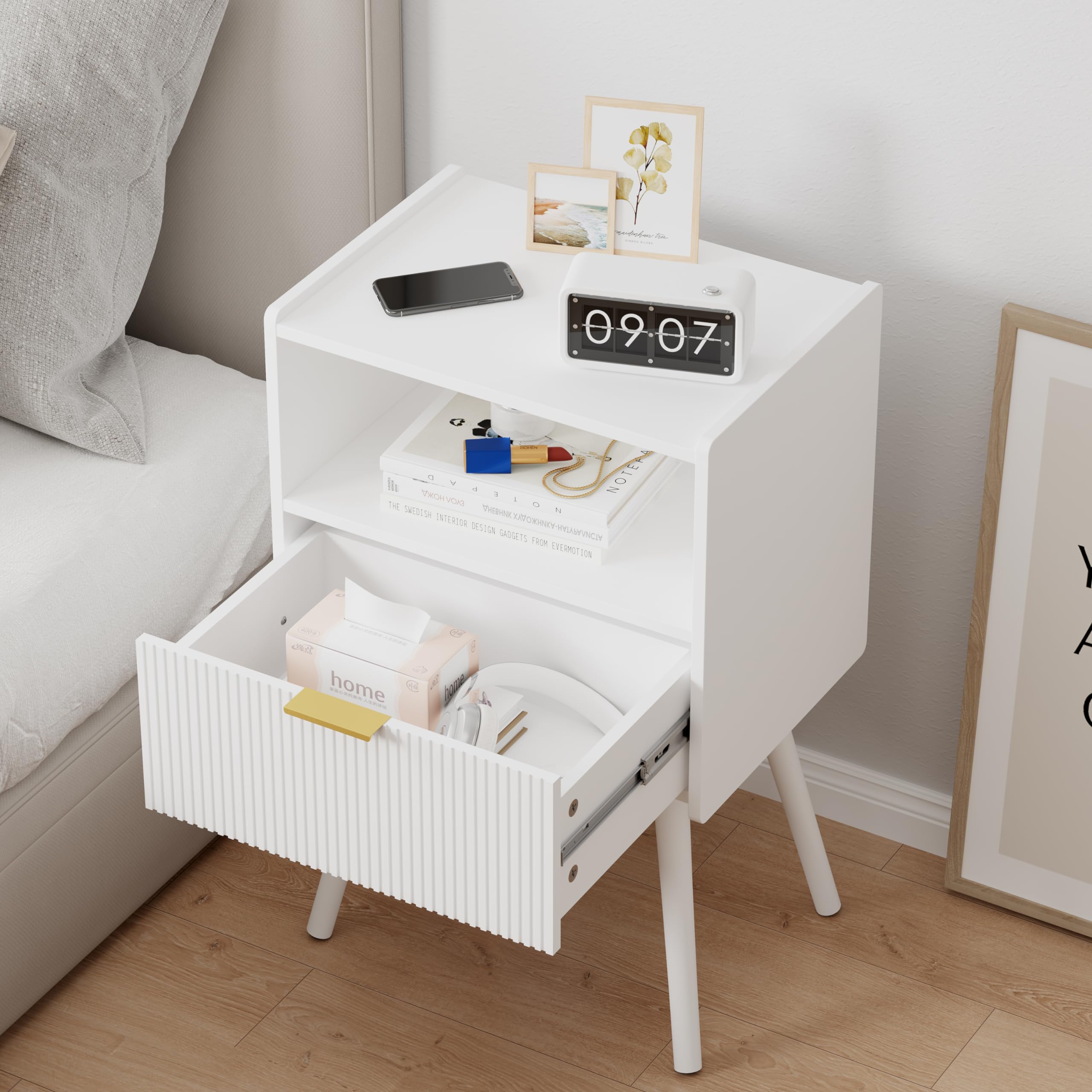 Modern White Nightstand with Storage Drawer & Open Shelf - Solid Wood Legs Bedside Table for Bedroom, Living Room & Small Spaces - Easy Assembly Classic Design - Perfect for Reading Nook, Guest Room & Apartment Decor