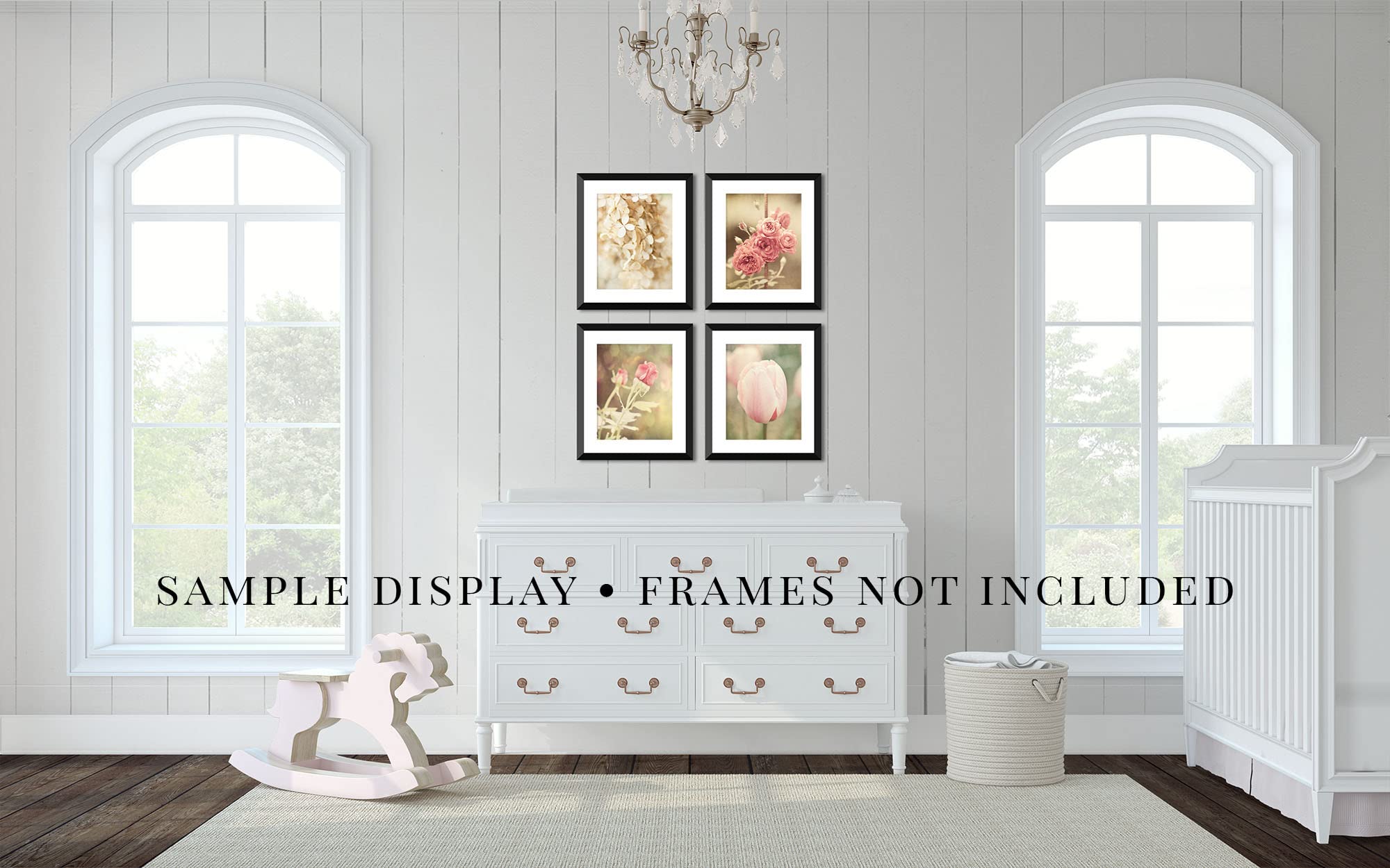 Pink and Off White Floral Art Prints - Set of 4 Unframed Wall Decor - Shabby Chic French Country Flower Pictures - Perfect for Bathroom, Bedroom, Nursery or Living Room - 8x10 Inches - Home Decor Gift Idea