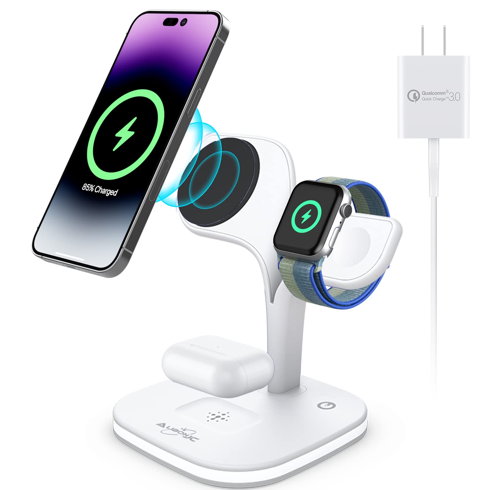 5-in-1 Magnetic Wireless Charging Station - 15W Fast Charger Stand for iPhone 14/13/12, Apple Watch & AirPods | Multi-Device Desktop & Bedside Charger (White) - Perfect for Home, Office & Travel Use