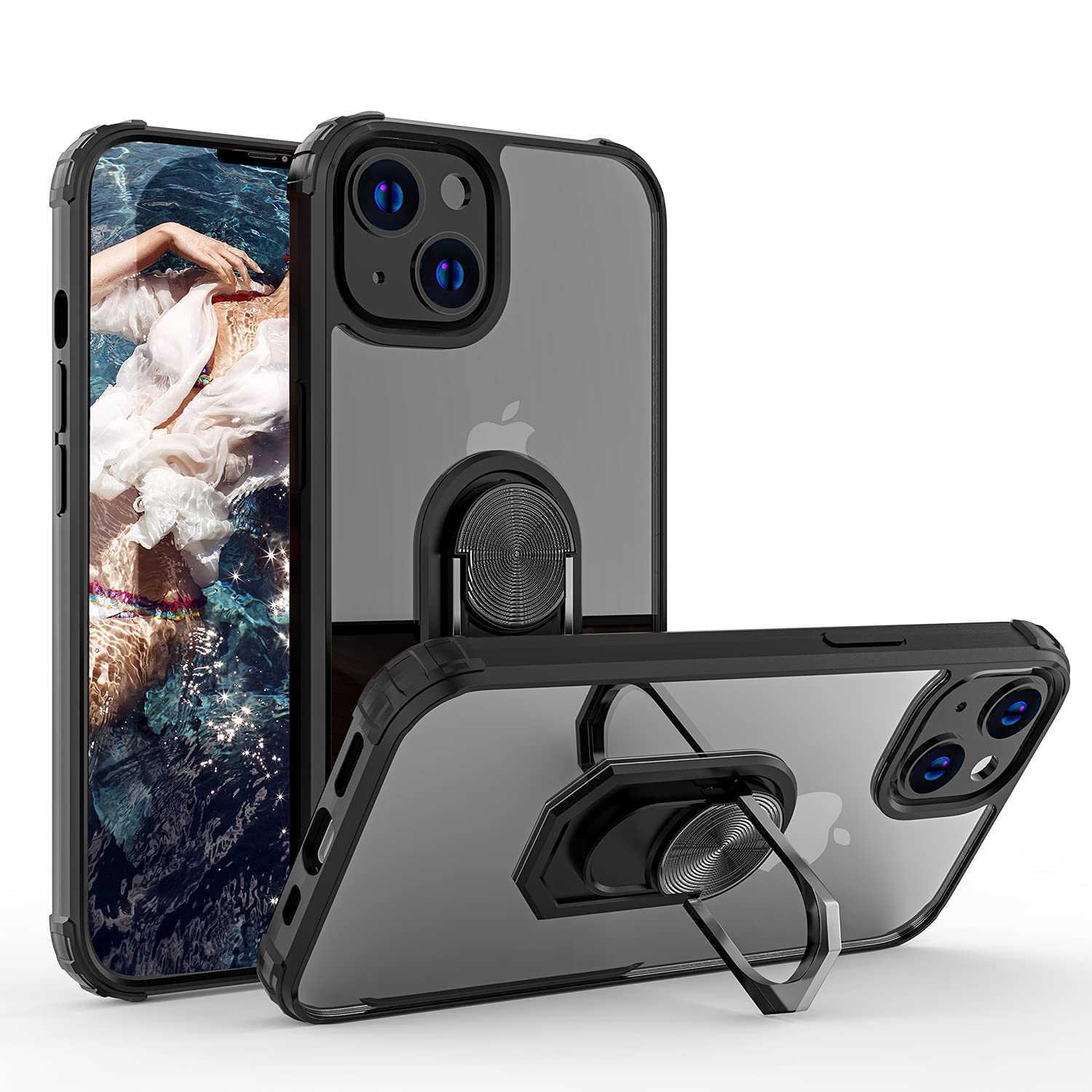 WATACHE Crystal Clear Armor Defender Hybrid Protective Phone Case with Ring Holder Kickstand & Magnetic Car Mount for iPhone 13 (Black) - Slim Fit, Shockproof Cover for Daily Use, Work, Travel & Outdoor Activities