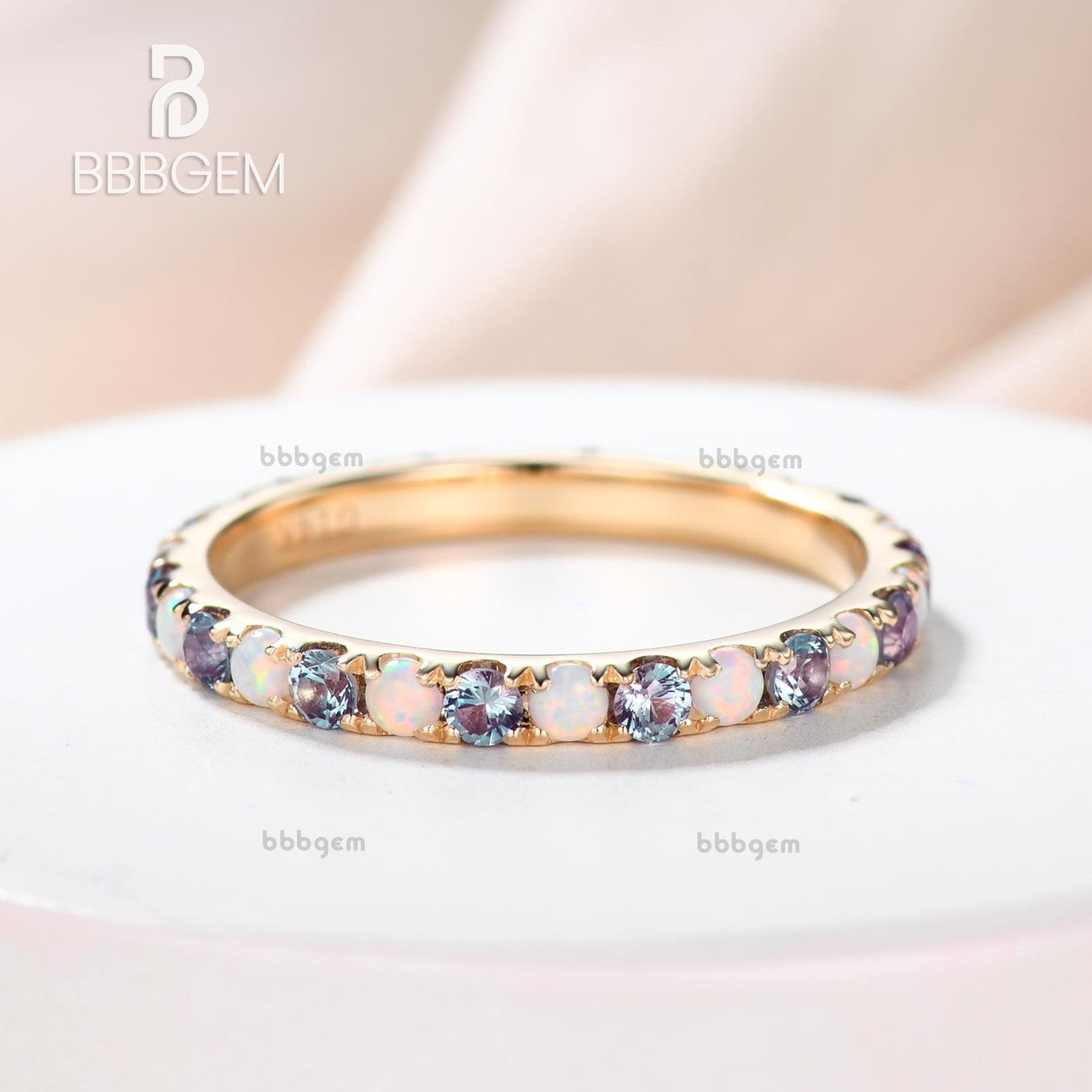 Opal and Alexandrite Wedding Band - Full Eternity Ring in 14K/18K Gold for Women | Elegant Bridal Jewelry, Anniversary Gift, Engagement Ring Alternative
