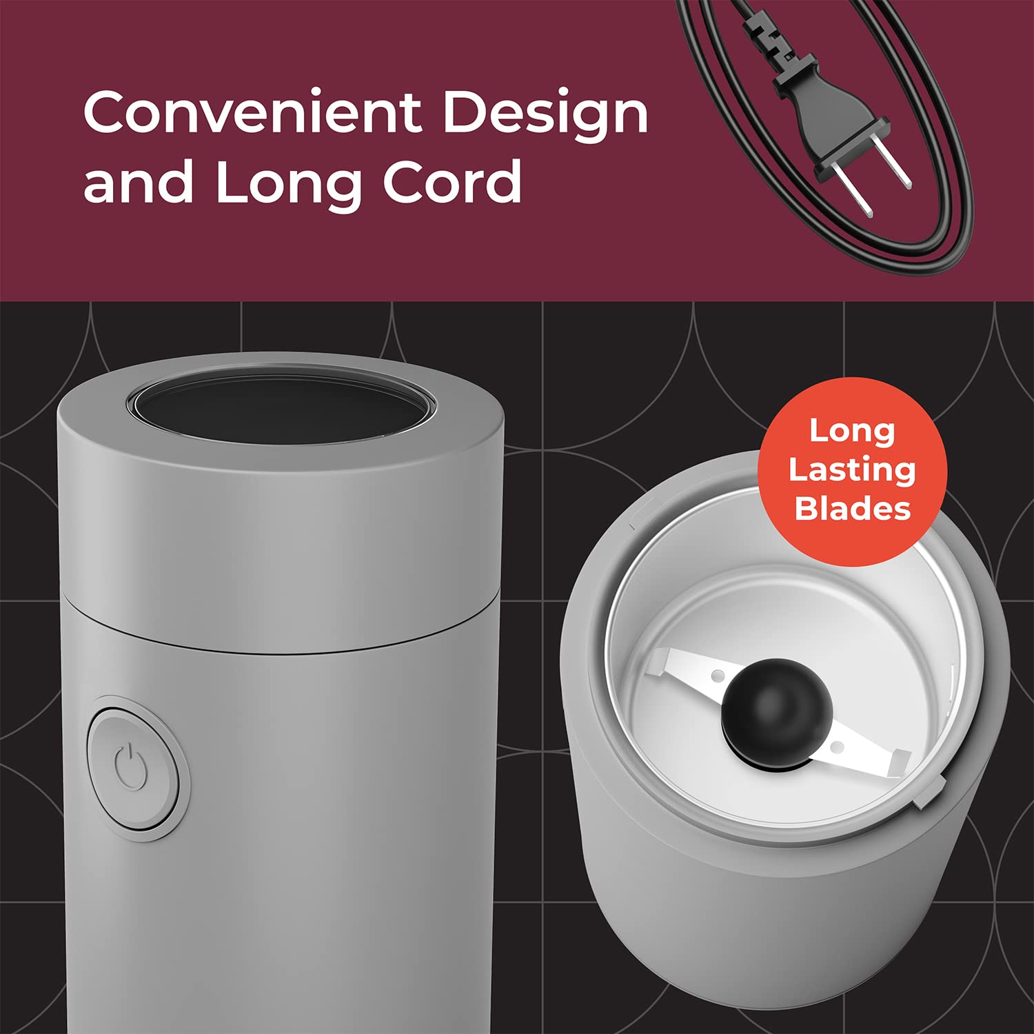 Premium MuellerLiving Electric Coffee Grinder - Stainless Steel Blades for Coffee Beans, Spices, Nuts & Herbs - Fast & Quiet Grinding - Perfect for Home Kitchens, Camping & Coffee Shops (Gray)