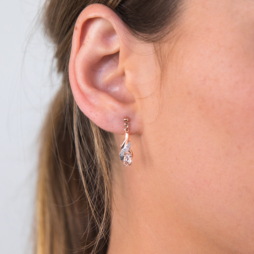 9ct Rose Gold Morganite and Diamond Oval Drop Earrings for Women – Elegant Dangle Earrings for Wedding, Party & Special Occasions