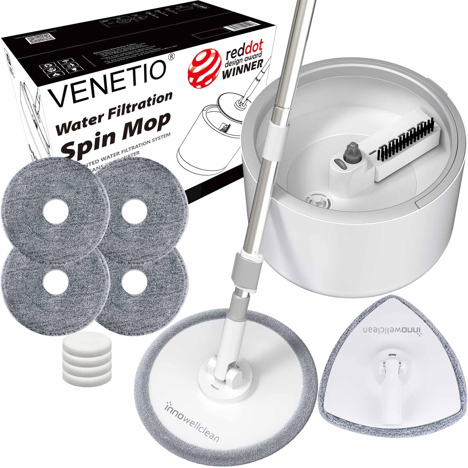 VENETIO Innowellclean Spin Mop and Bucket Set with 5 Washable Microfiber Pads - Self-Wringing Wet Dry Mop System for Hardwood, Laminate, Tile Floors | Ideal for Kitchen, Bathroom & Home Deep Cleaning
