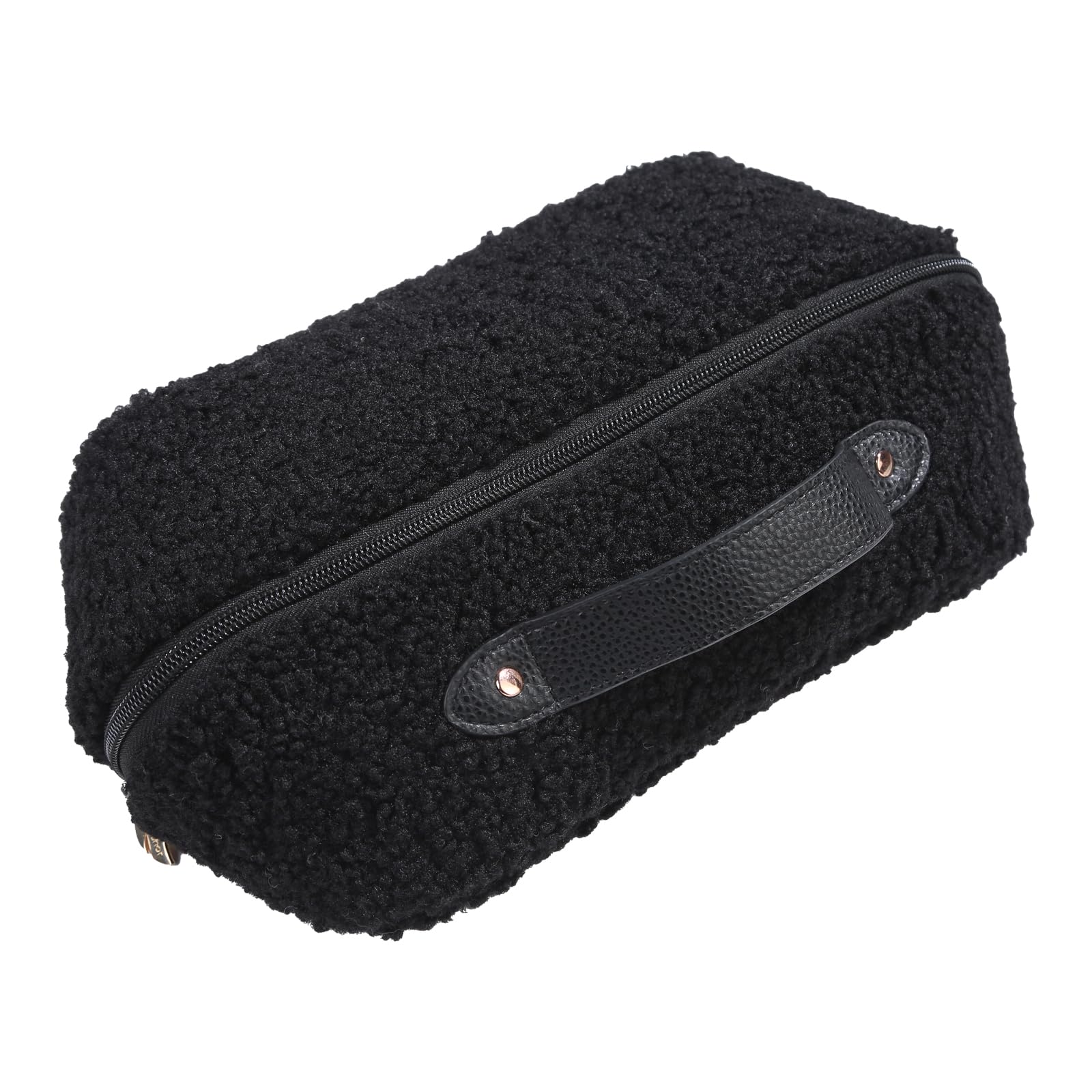 Large Capacity Travel Makeup Bag - Cute Plush Cosmetic Organizer with Handle & Divider, Portable Toiletry Pouch for Women | Perfect for Airplane Carry-on, Gym Essentials & Weekend Getaways (Black)