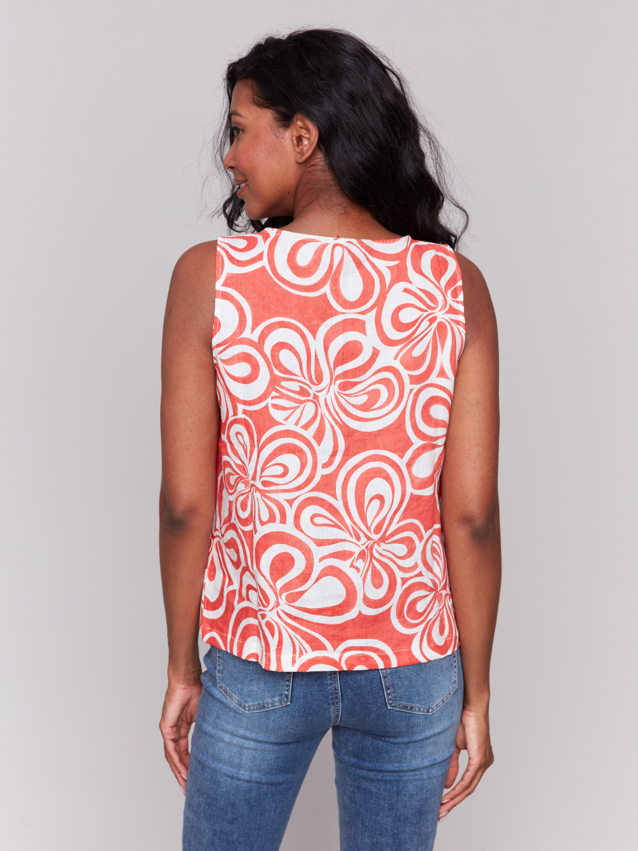 Printed Sleeveless Linen Blend Top with Side Slit - Coral | Women's Summer Casual T-Shirt | Perfect for Beach, Vacation & Everyday Wear