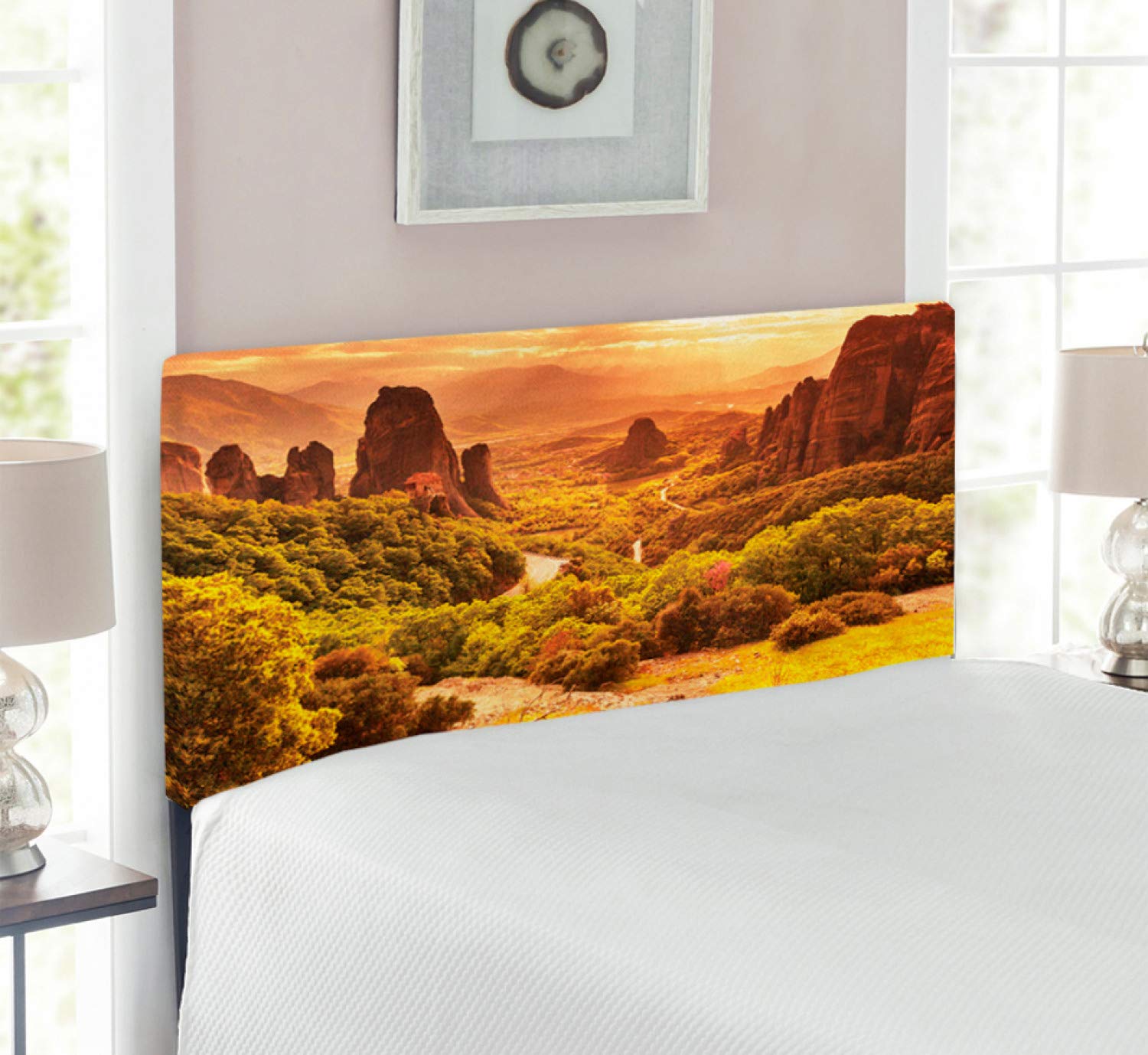 Ambesonne Greece Headboard - Meteora Monasteries Landscape Upholstered Metal Bed Headboard with Memory Foam, Twin Size, Earth Yellow & Mustard - Perfect for Bedroom Decor & Greek-Themed Interior Design