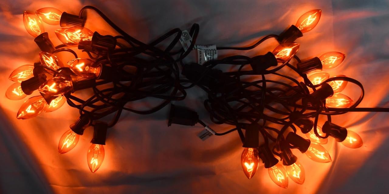 25 Pack C7 Orange Light Bulbs - Clear E12 Incandescent 5W Night Light Bulbs for Halloween Decor, Home Party, Christmas Tree, Candles & Chandeliers - Perfect for String Lights Replacement & Spooky Atmosphere Lighting