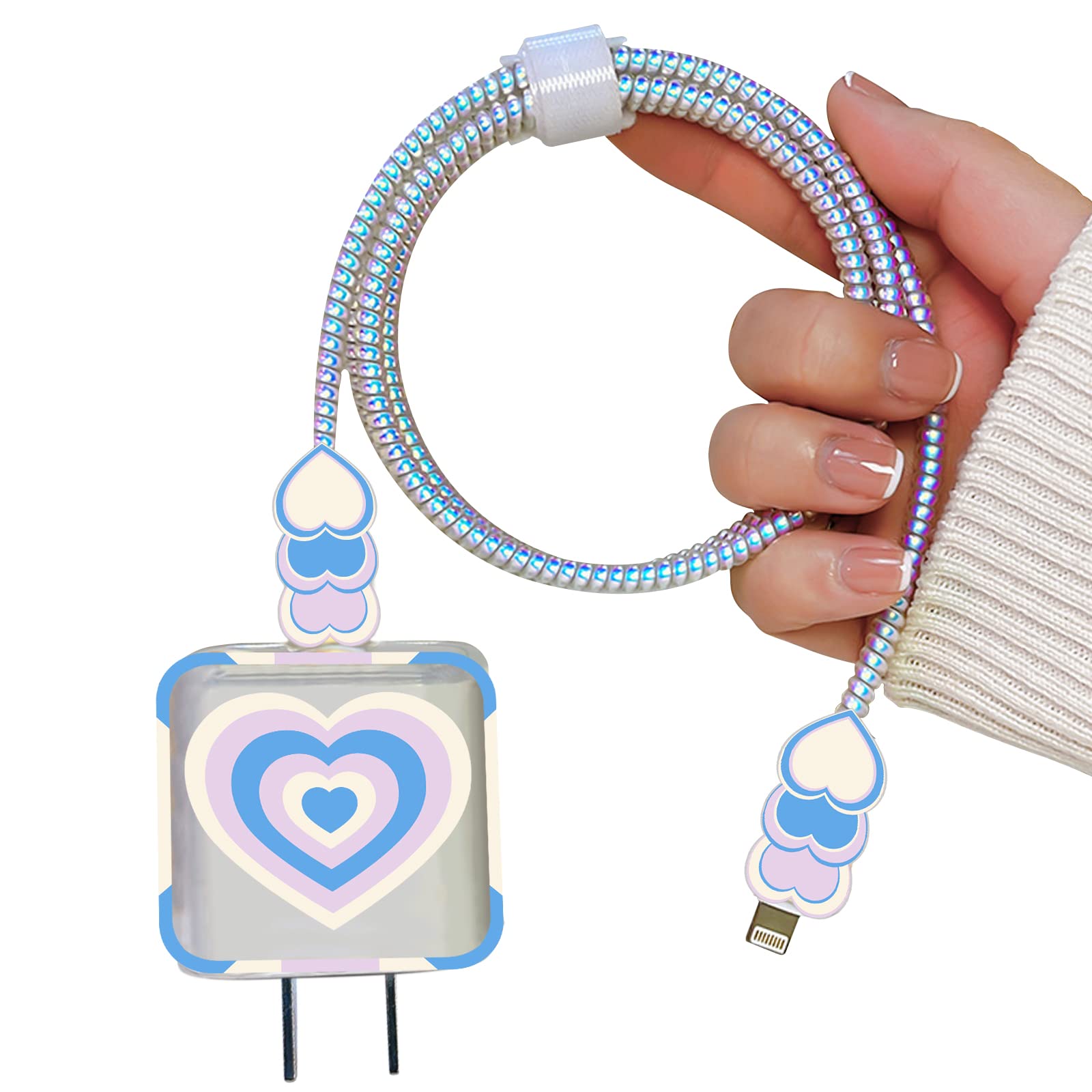 Colorful Heart-Shaped Phone Cable Protector for iPhone & Type-C Chargers - Cute Love Heart Design USB Charger Saver for iPhone, Android & More (Grey, White, Blue) - Perfect for Home, Office & Travel Use