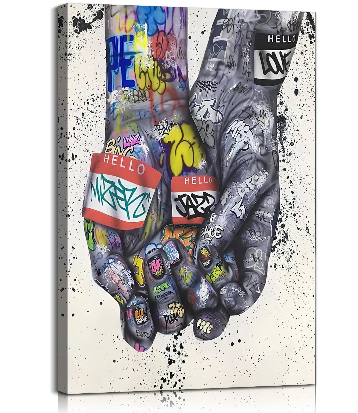 Colorful Graffiti Wall Art - Hand in Hand Love Street Art Canvas Print for Bedroom & Living Room Decor - Ready to Hang 28x40 Inches - Perfect for Urban Home Decor & Gift Giving
