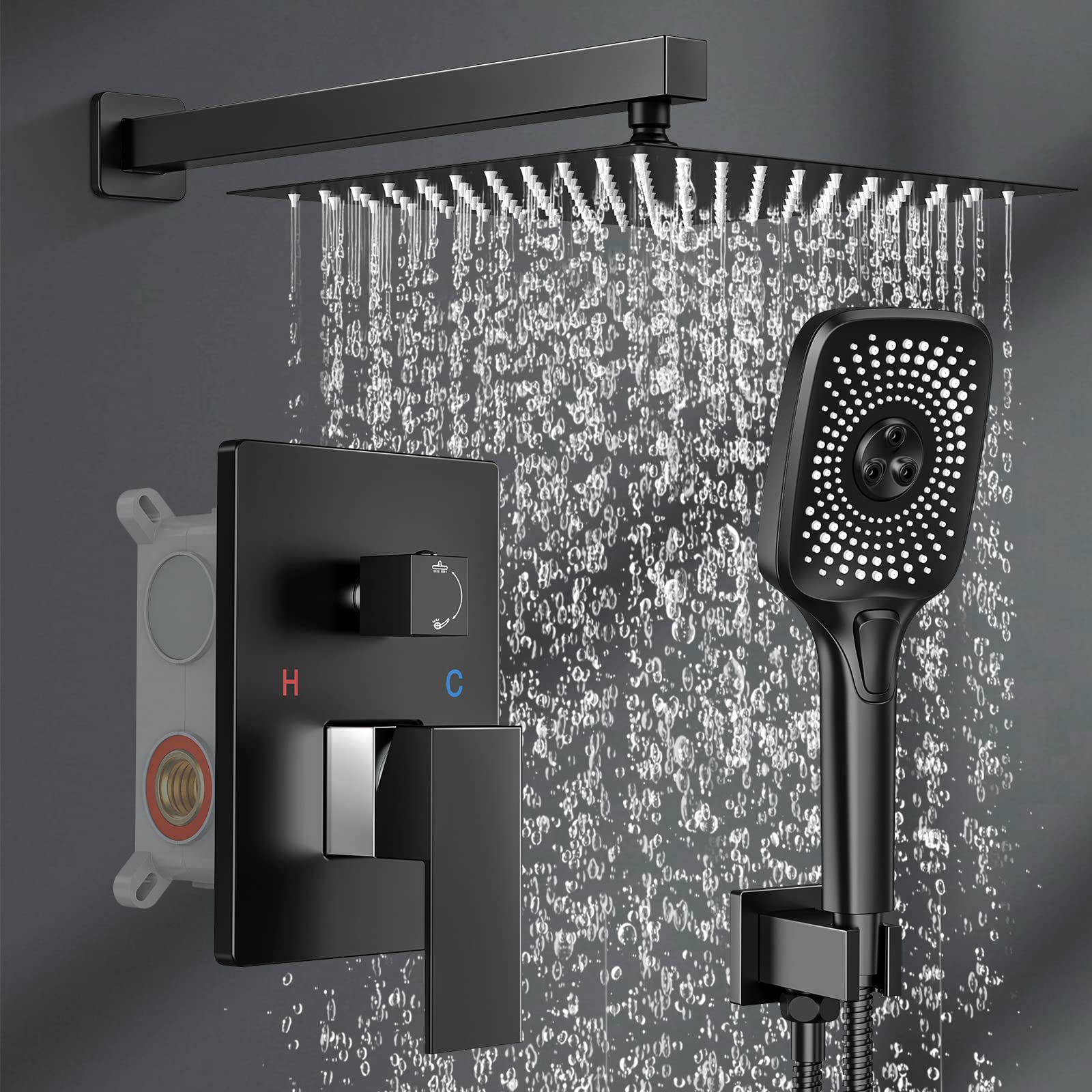 Premium Black Stainless Steel Shower Faucet Set - 10 Inch Rainfall Shower Head with Handheld Spray - 3 Function Shower System - Brass Pressure Balance Valve - Perfect for Modern Bathroom & Spa Experience