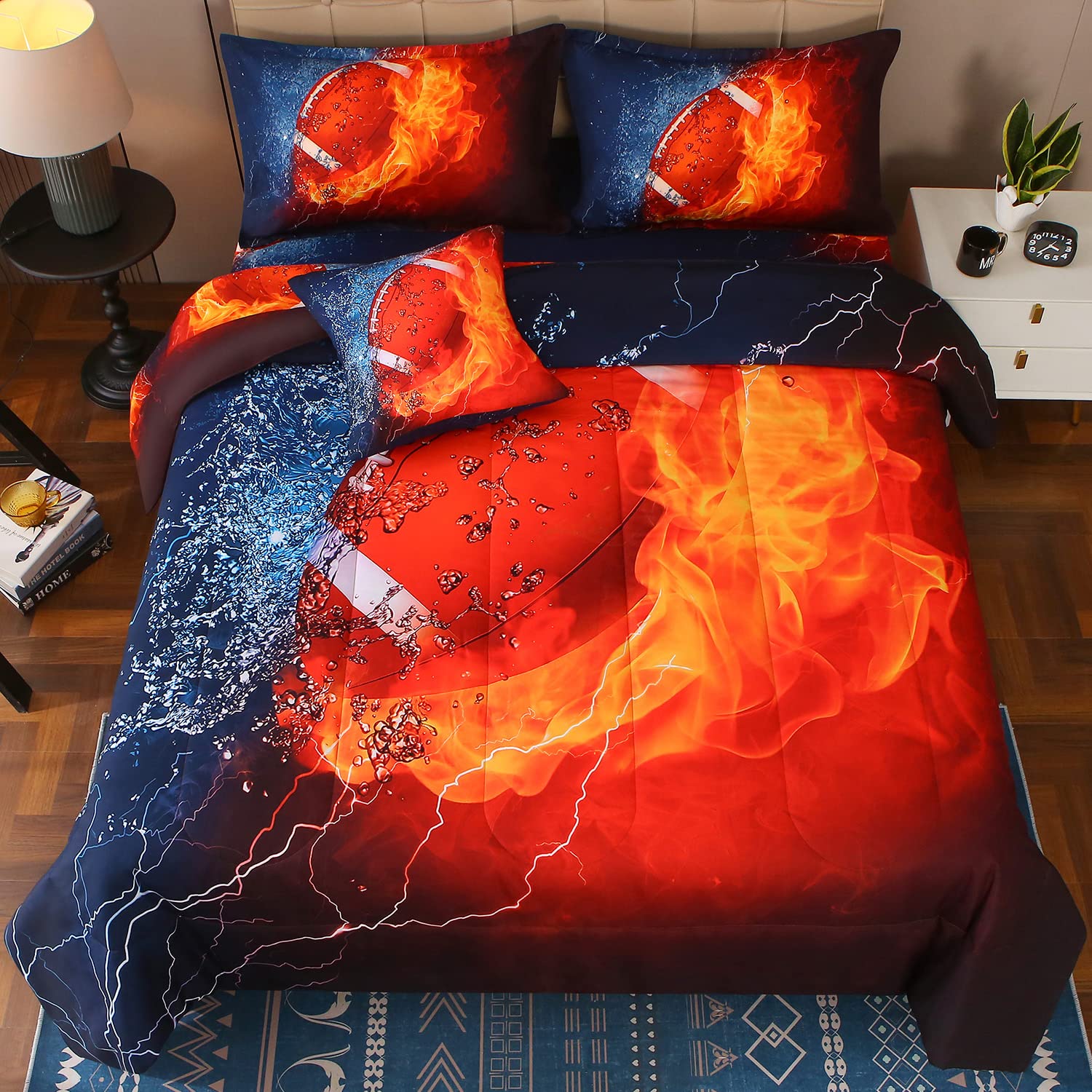 JQinHome 6-Piece Twin Football & Fire Comforter Set for Boys - 3D Sport Themed All-Season Microfiber Bedding with Pillowcases, Sheets & Cushion Cover | Perfect for Kids' Bedroom, Dorm Room & Sports-Themed Decor