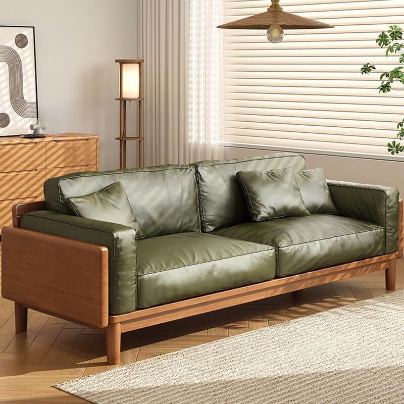 Minimalist Lime Green Scratch-Resistant Sofa & Loveseat with Wood Square Arms, Wide Pillow Back & 3 Throw Pillows - 3/4/5 Seater for Living Room, Lounge & Home Office