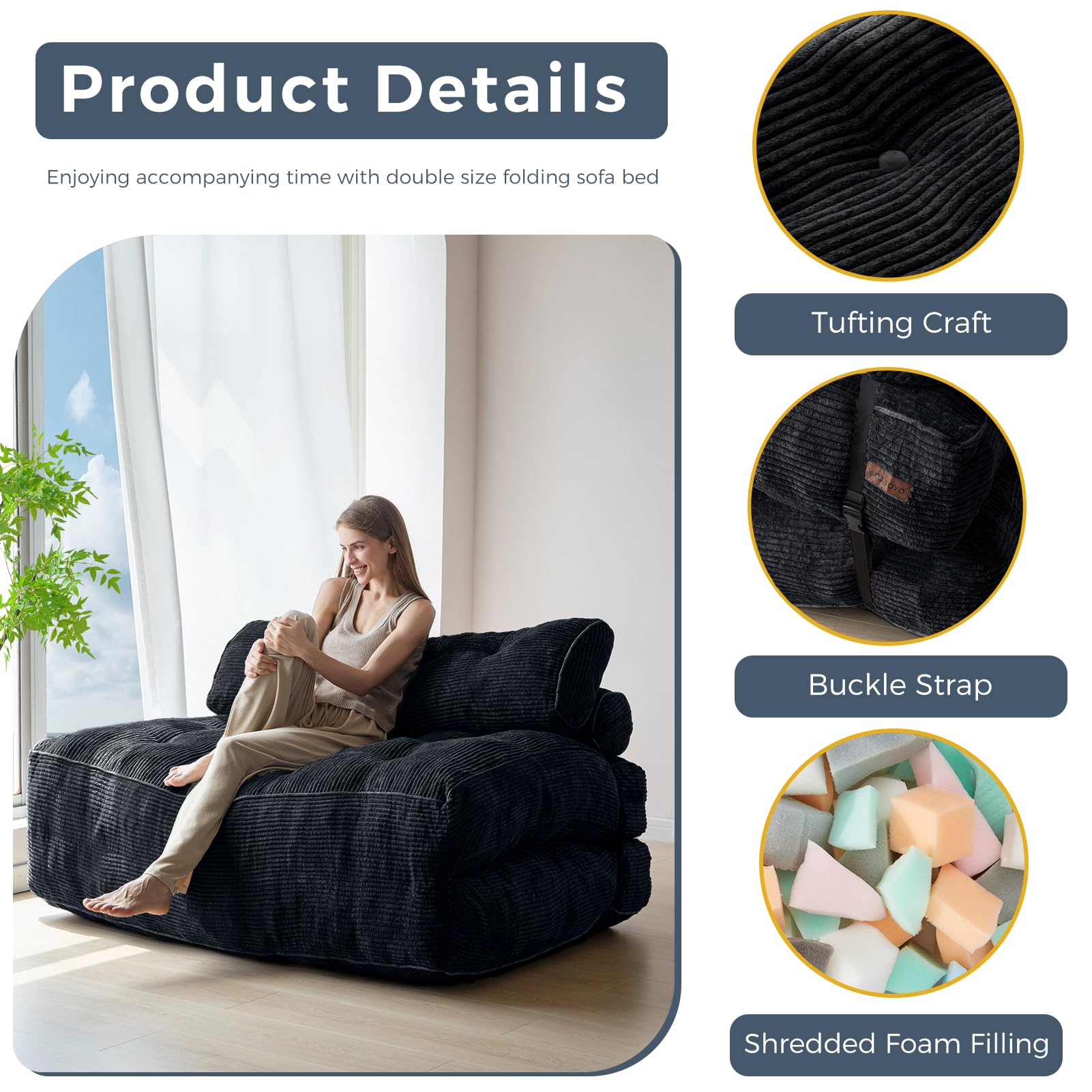 MAXYOYO Corduroy Folding Sofa Bed - Convertible Sleeper Chair with Pillow & Foldable Mattress - Double Size with Back Support (Black) - Perfect for Small Spaces, Guest Rooms & Studio Apartments