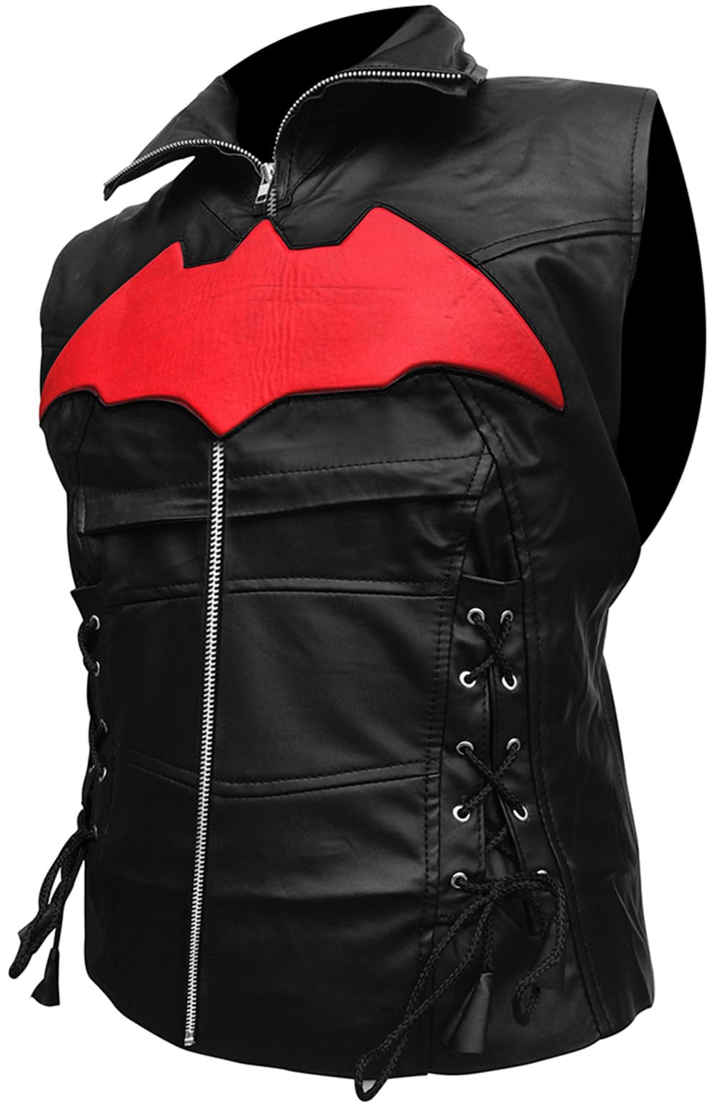 Black Hood Bat Jacket & Red Hooded Leather Vest - 2-in-1 Cosplay Costume for Halloween, Comic Con & Superhero Themed Parties