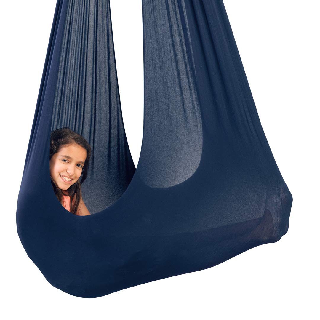 Premium Indoor Therapy Swing for Kids with Special Needs - Sensory Integration Lycra Snuggle Swing for Autism, ADHD & Aspergers - Support Up to 77lbs (Dark Blue) - Perfect for Home Therapy Rooms, Sensory Gyms & Calming Corners