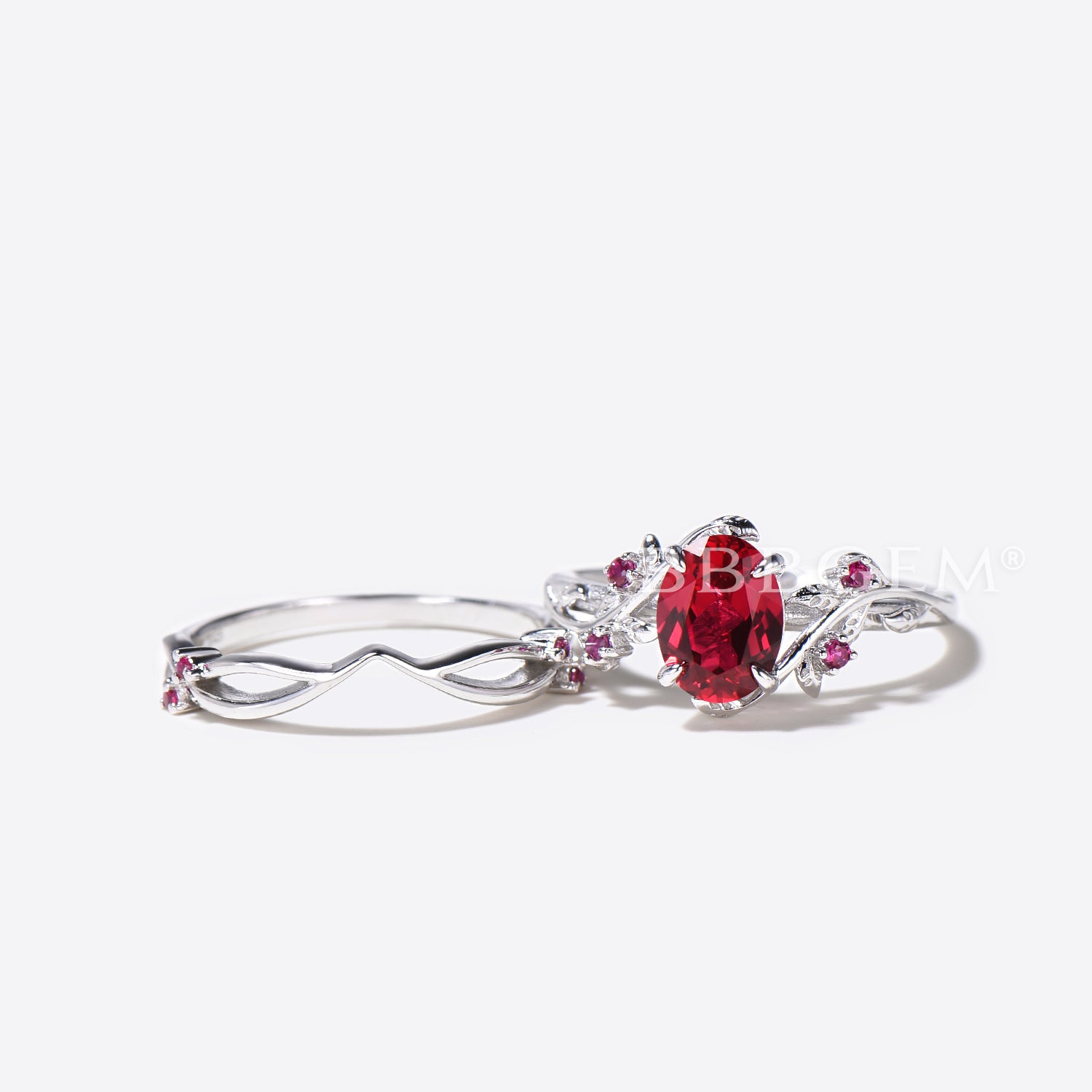 Natural Oval Red Ruby Engagement Ring & Leaf Wedding Band Set - Vintage Inspired Jewelry for Proposals, Anniversaries & Romantic Occasions