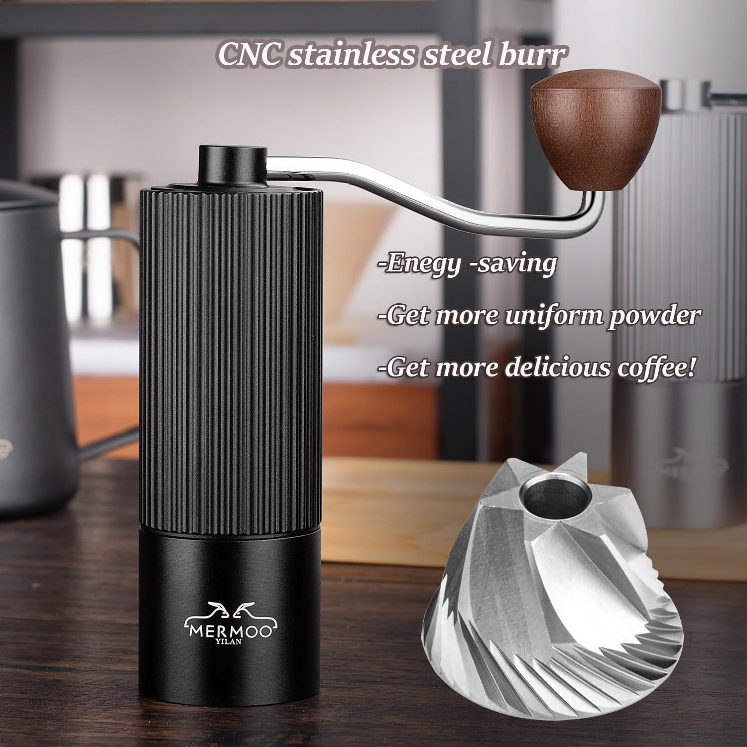 Premium MERMOO YILAN Manual Coffee Grinder - Adjustable Stainless Steel Burr, Portable Aluminum Alloy Hand Mill for Espresso, French Press & Pour Over - Perfect for Home, Camping & Travel (Black) | Enjoy Fresh Coffee Anywhere - Office, Hiking & Outdoor Adventures