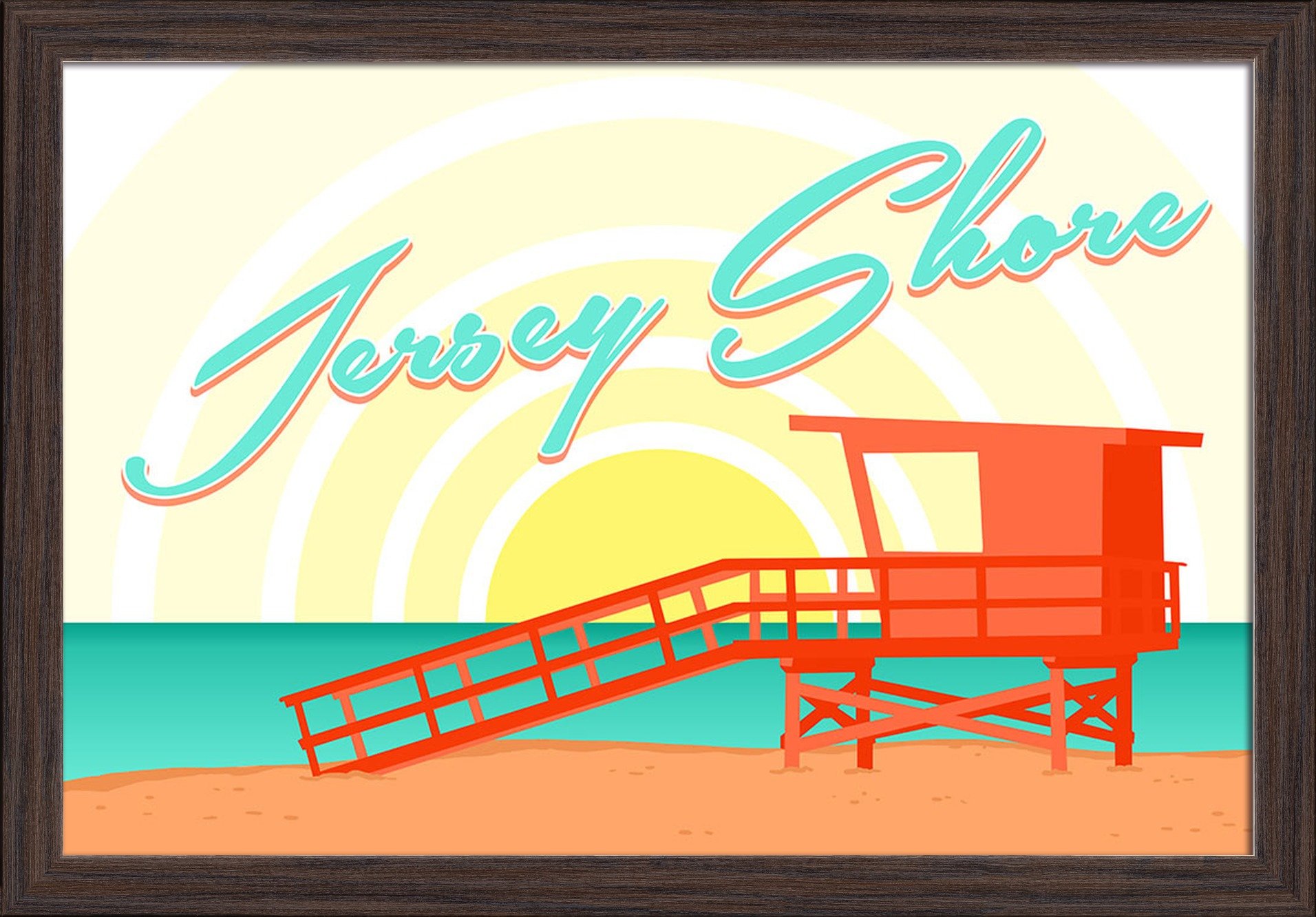 Jersey Shore New Jersey Beach Lifeguard Shack Art Print - 16x24 Giclee Fine Art on Recycled Wood Frame in Espresso Brown - Perfect for Coastal Home Decor & Beach House Wall Art