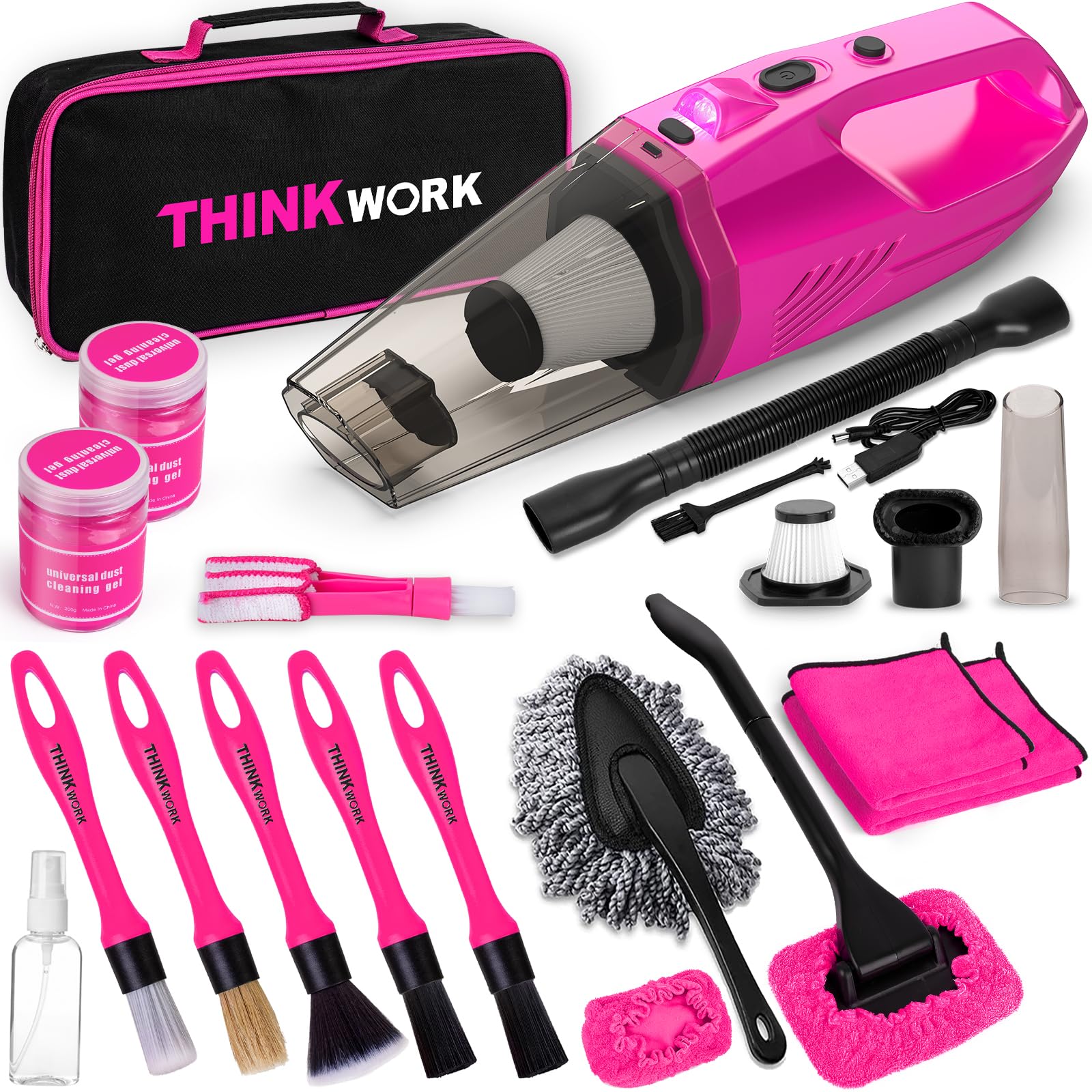 THINKWORK 8000PA Cordless Pink Handheld Vacuum Cleaner - Car Detailing Kit with Interior Cleaner & Brush Set | Portable Car Cleaning Accessories for Women | Perfect for Car Interior Detailing, Home & Office Cleaning