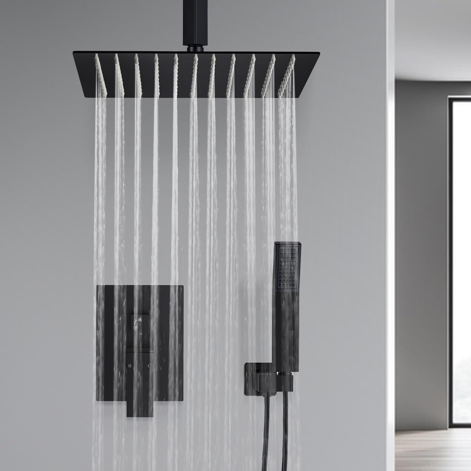 10 Inch Square Ceiling Mount Rainfall Shower System - SUS304 Stainless Steel Shower Faucet Set with Black Trim Kit for Modern Bathroom | Perfect for Spa-Like Experience & Luxury Home Renovation