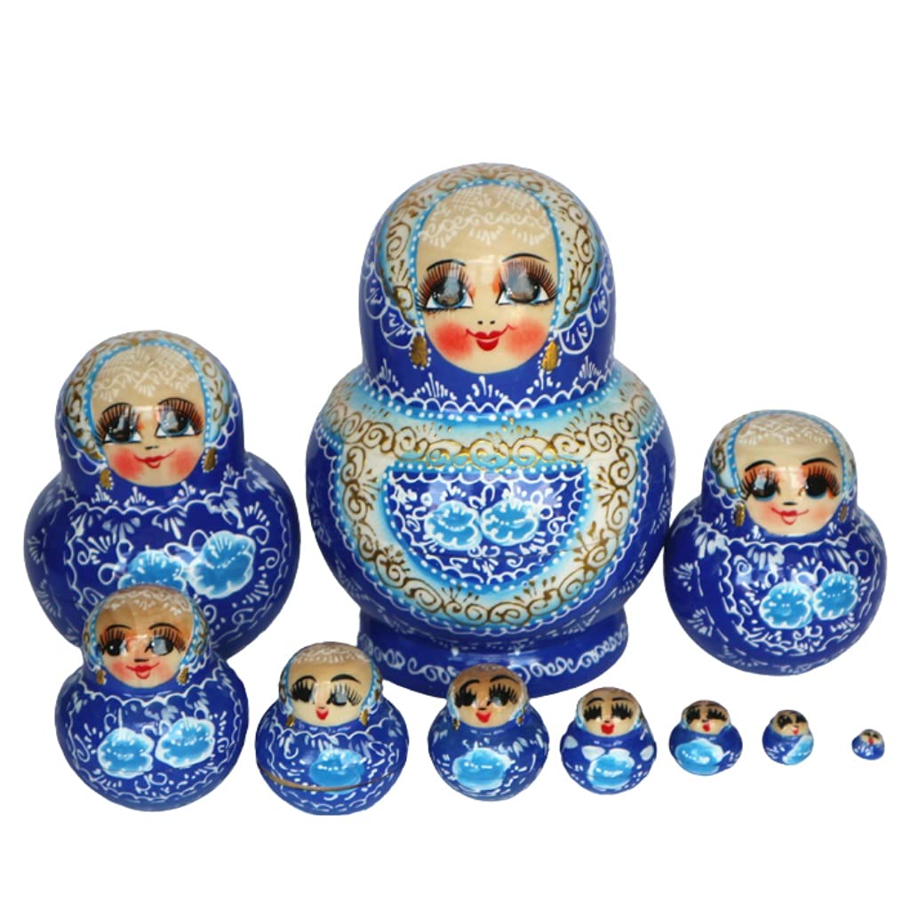 LICHUAN Blue Golden Russian Nesting Dolls 10pcs - Hand-Painted Matryoshka Wooden Stacking Toys for Kids, Unique Wishing Gift & Home Decor - Perfect for Birthday Parties, Christmas Gifts, and Cultural Room Decorations