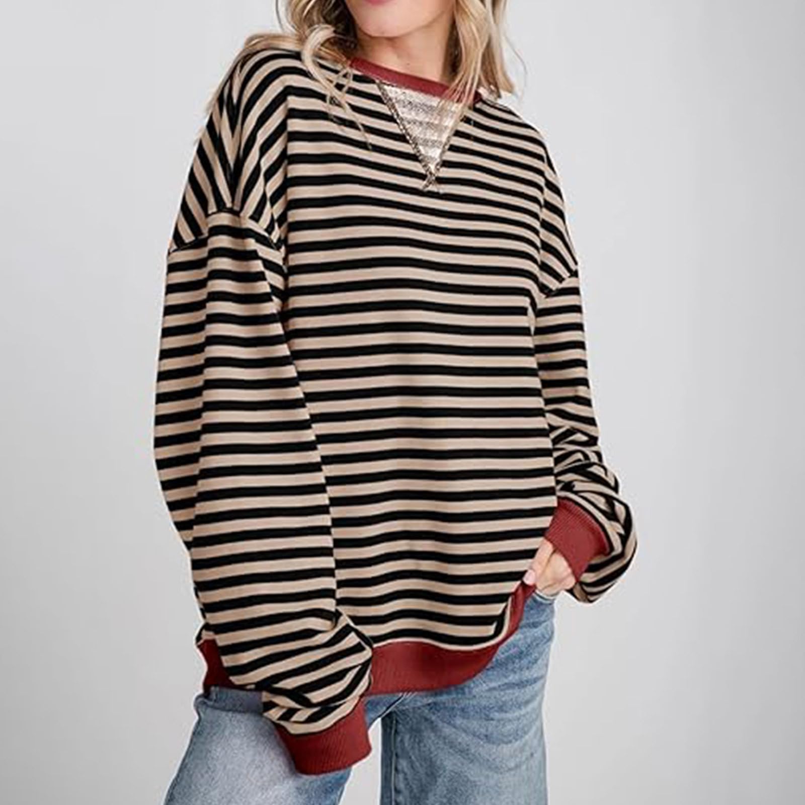 MRGIINRI Women's Striped Oversized Sweatshirt - Color Block Crew Neck Long Sleeve Casual Loose Pullover Top | Y2K Fashion | Perfect for Streetwear, Lounge Wear & Casual Outings