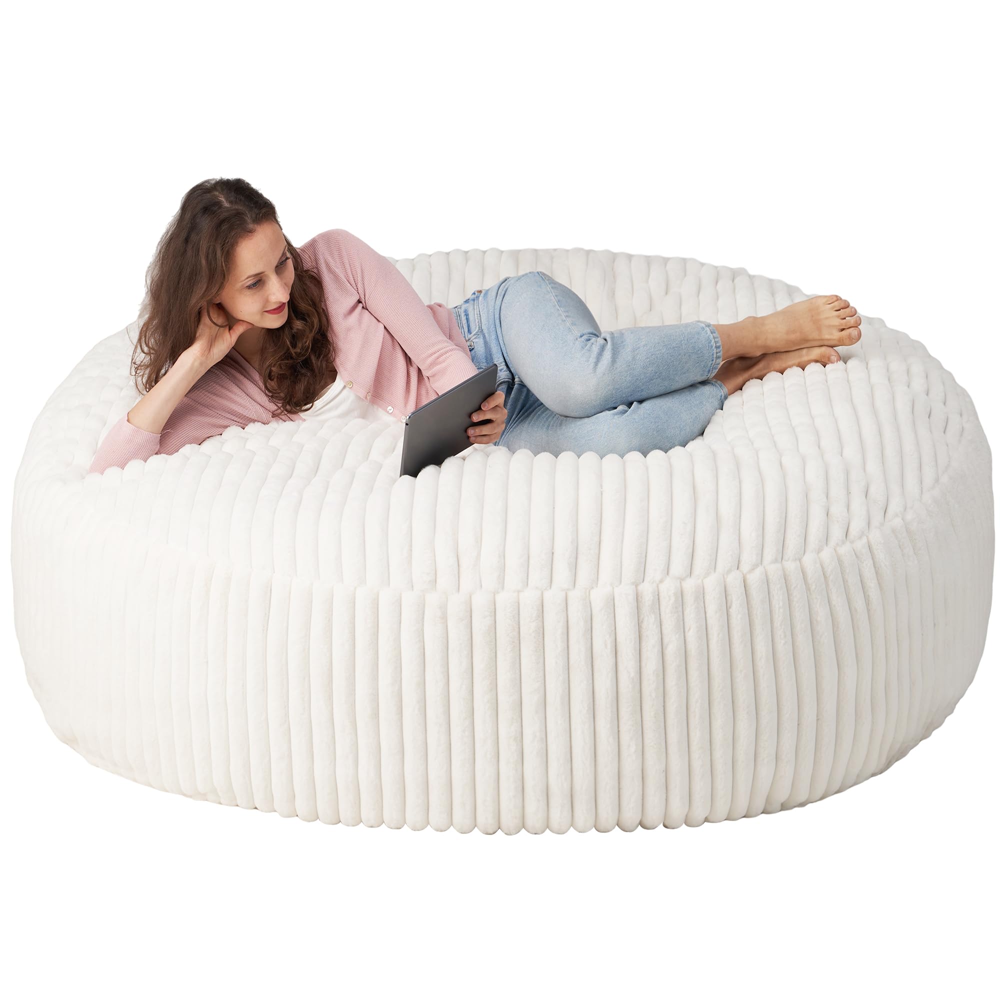 Premium 3FT Memory Foam Bean Bag Chair for Adults - Soft Plush Fur Cover, Comfortable Lounge Chair for Living Room, Bedroom, College Dorm - Perfect for Relaxing, Gaming & Movie Nights (6FT, White)