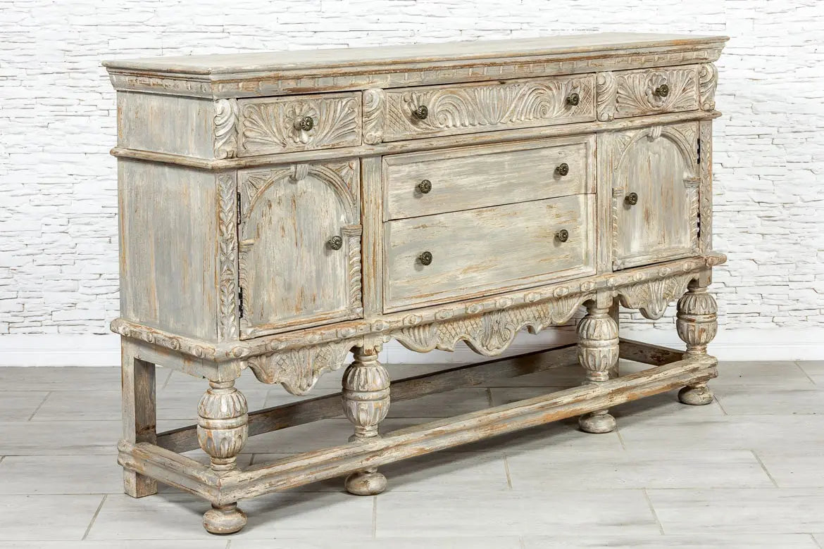 French Arched Hand Carved Solid Wood Console Table - Indian Teakwood Hallway Entryway Furniture - Grey Finish for Living Room, Foyer & Home Decor