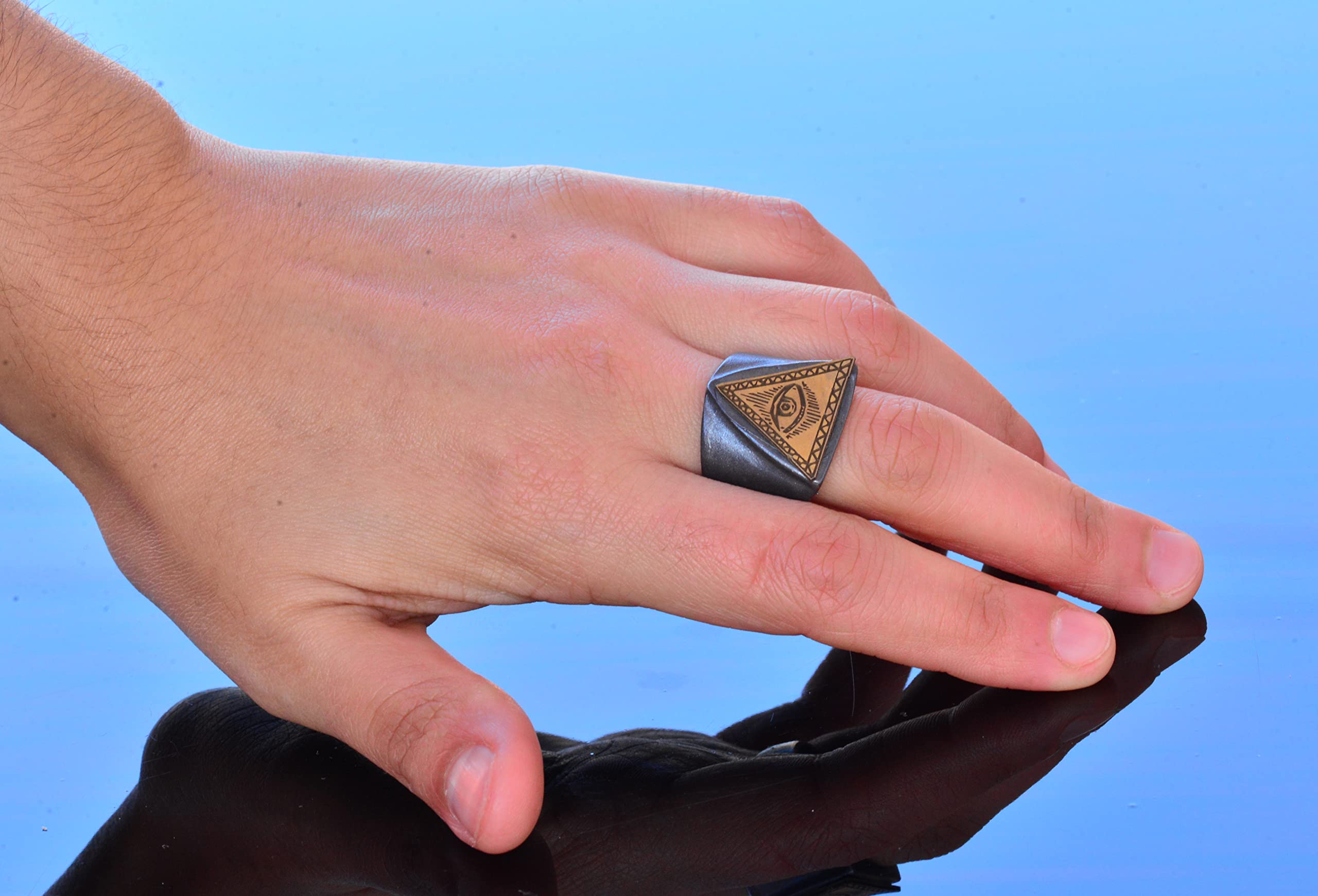 925 Sterling Silver Men's Ring with Gold-Plated Triangle Eye Symbol - Handmade Jewelry for Men, Unique Spiritual Protection Ring - Perfect for Gifts, Weddings, and Everyday Wear