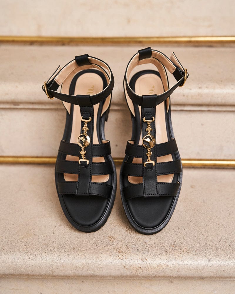 Hyacinth Vegan Leather Wide Strap Symbol Sandals for Women - Comfortable Black Boho Sandals for Summer, Beach, and Casual Outings
