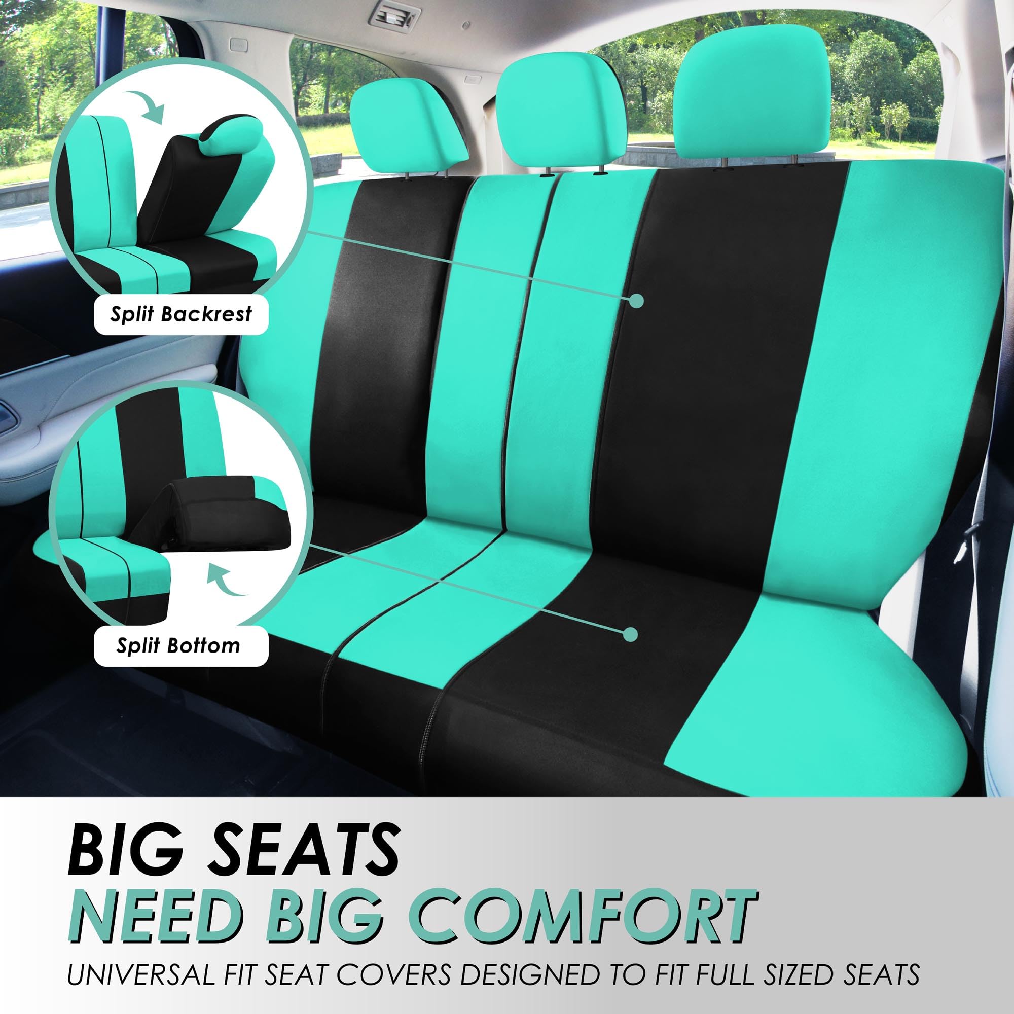 TLH Lightweight Breathable Mint Car Seat Covers - Split Bench Design with Airbag Compatibility | Waterproof Vinyl Floor Mats Set | Perfect for Summer Driving & Road Trips