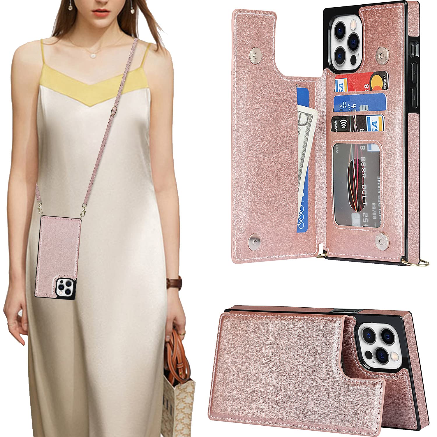 CCSmall Removable Crossbody Wallet Case for Apple iPhone 12 Pro Max - Shockproof Card Holder Purse Cover with Detachable Strap (Rose Gold) | Perfect for Travel, Shopping & Hands-Free Convenience
