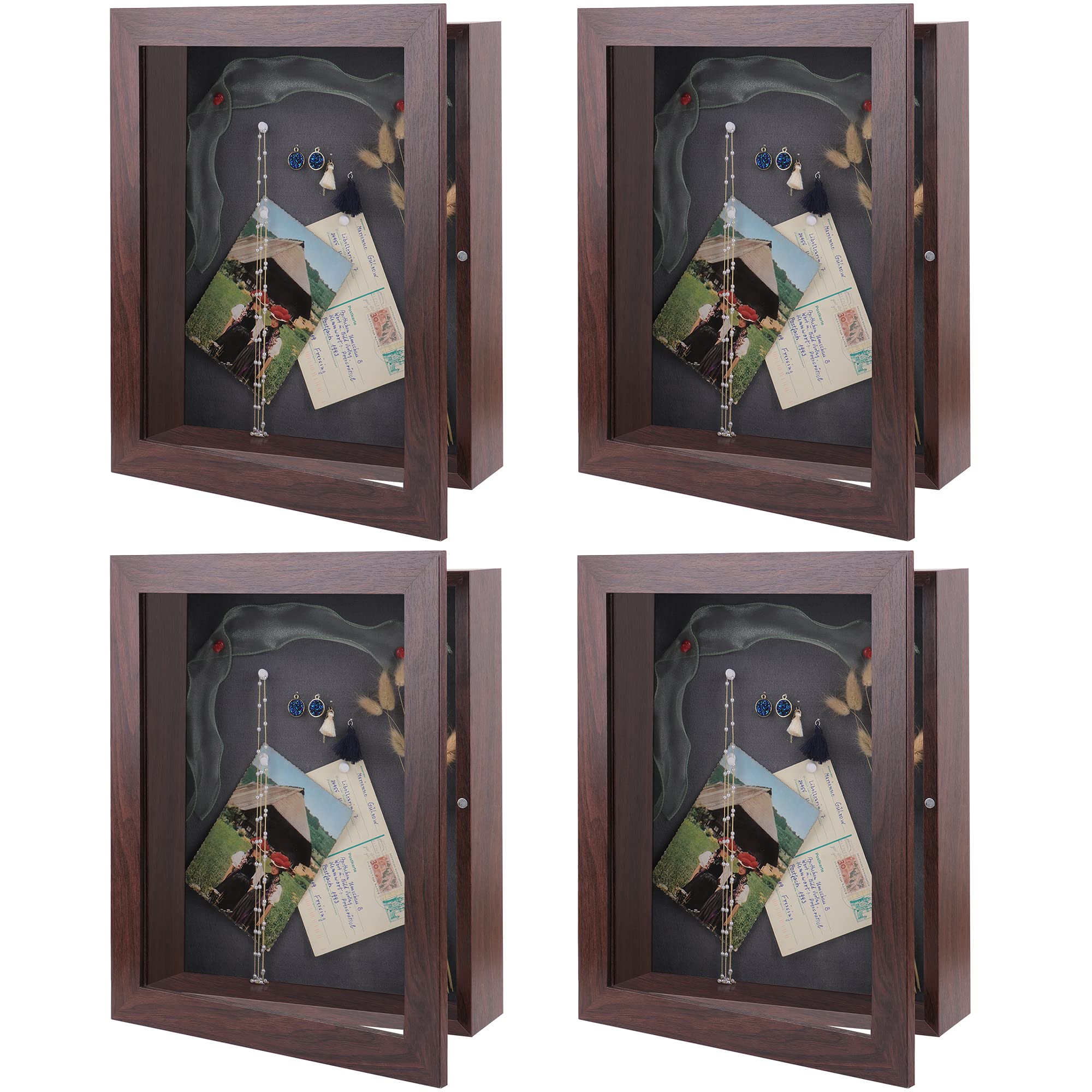 AUEAR 11x14 Shadow Box Frame - Display Box for Art, Memorabilia, Medals, Wedding Keepsakes, Tickets & Brochures | Walnut Wood Picture Frame (4-Pack) | Perfect for Home Decor, Office Display & Gift Giving