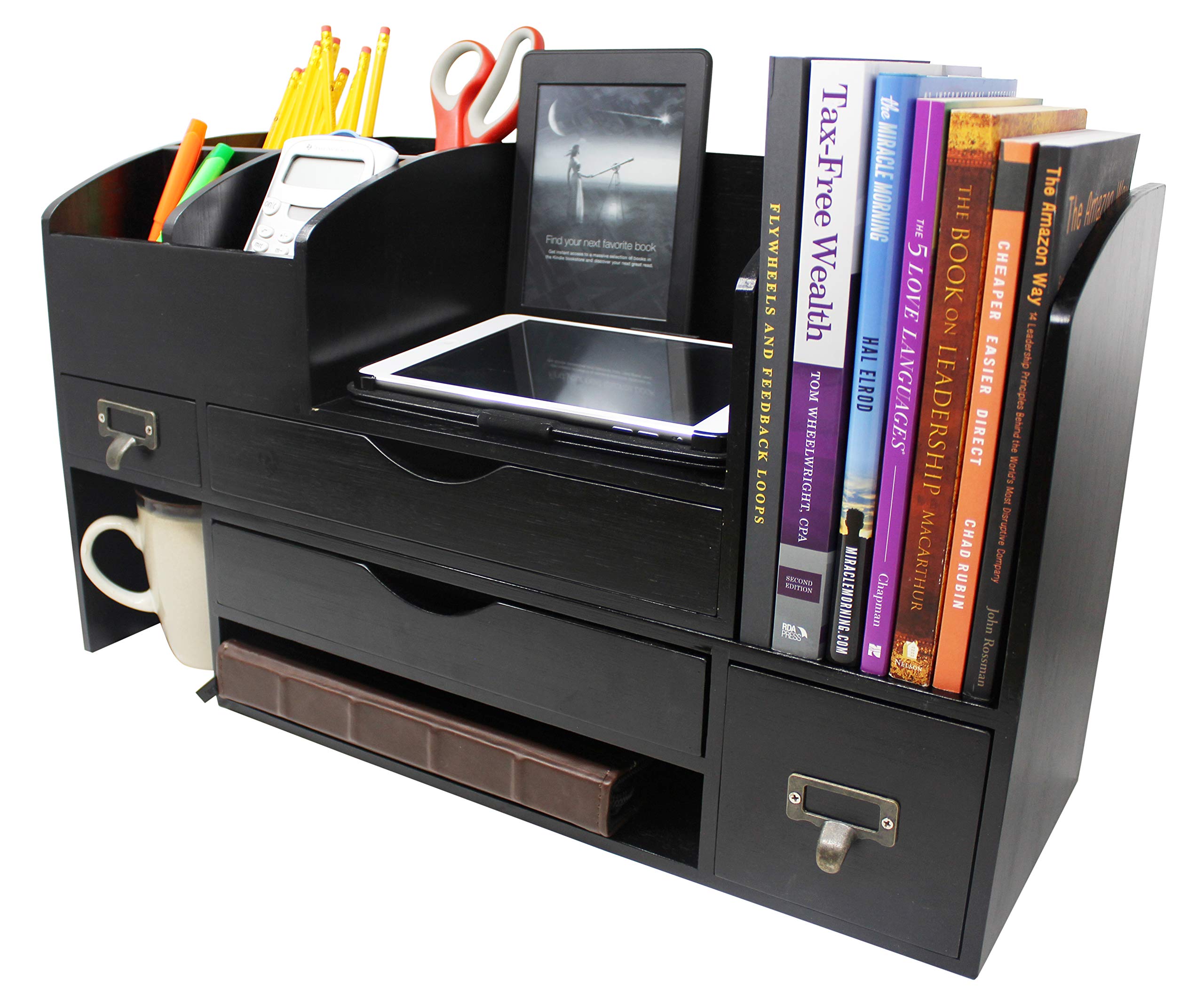 Adjustable Wooden Desk Organizer - Black Office Storage Shelf for Supplies, Accessories & Mail | Perfect for Desktop, Tabletop, Counter & Workspace Organization